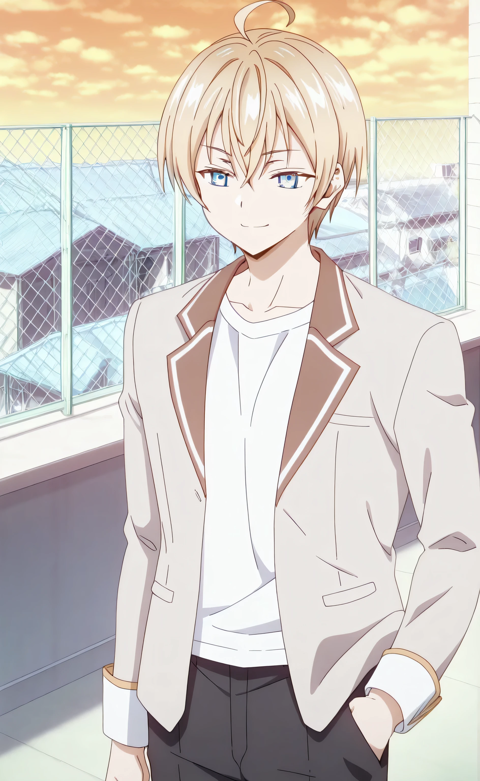 1male, solo, Yuuto Kiba, blond hair, short hair, blue eyes, smile, beige blazer, white t-shirt, black pants, muscle, hand in pocket, school, rooftop, Tokidoki Bosotto Russia go De Dereru Tonari No Alya san Anime style

