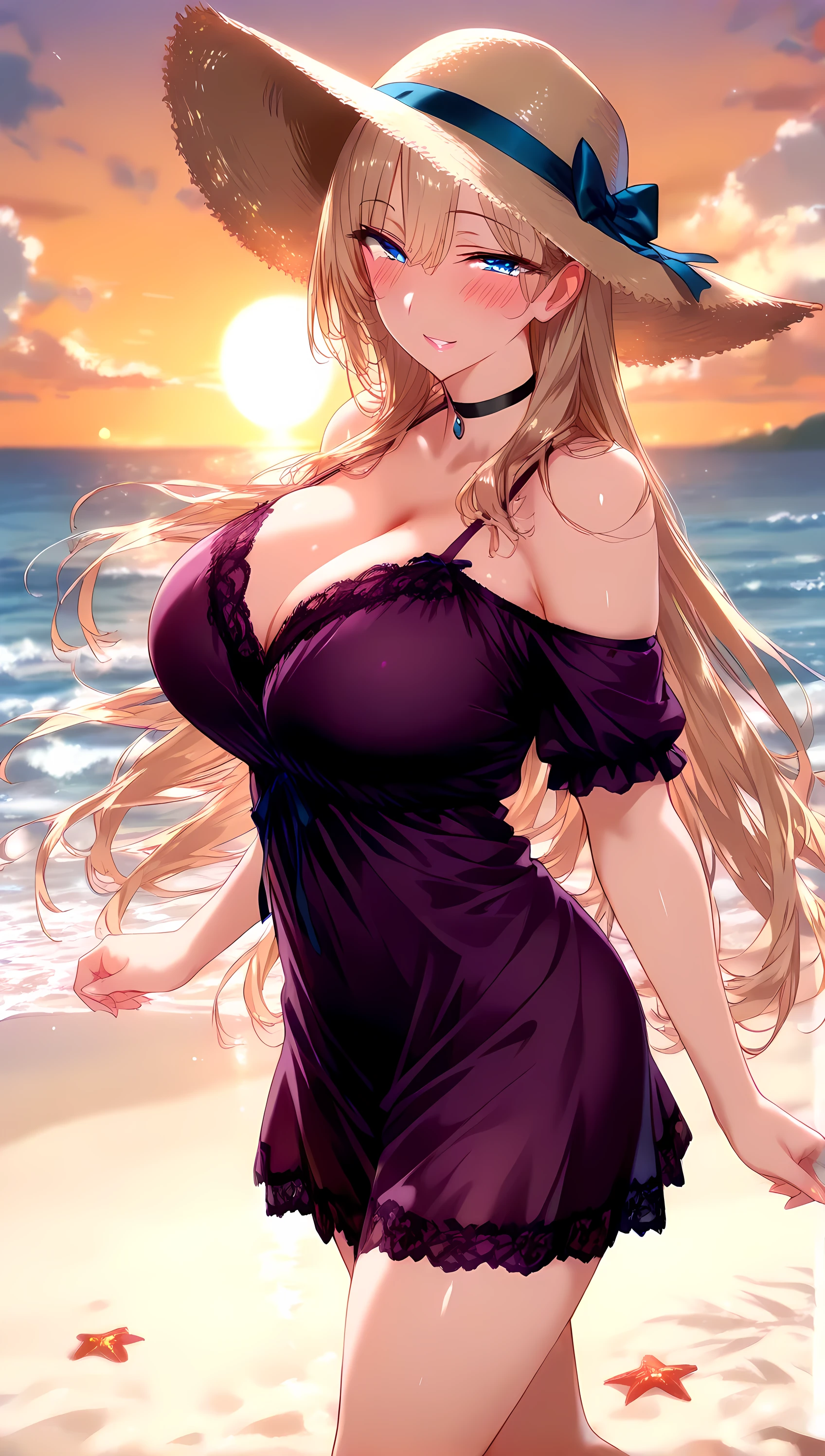 (masterpiece, best_quality:1.2), 1girl, solo, mature female, very long hair, blonde hair, blue eyes, (purple lace nightgown, off-shoulder short dress, black choker, sun hat), beautiful eyes, female focus, looking at viewer, smile, blush, proud, horny, collarbone, large breast, symmetrical body, ((solo)), detailed, very high resolution, no blurry image, (cowboy shot), beautiful, suspicious, sexy, lewd, cheating, intricate details, detailed background, outdoors:1.3, attractive body, Full body, View from side, Bare foot,(perfect hands, perfect fingers, perfect number of hands and legs, Perfect length body, Perfect lips, Perfect eyes, Slender legs),(Sunset, Side of wave beach, Walking on beach, Blew in the wind)