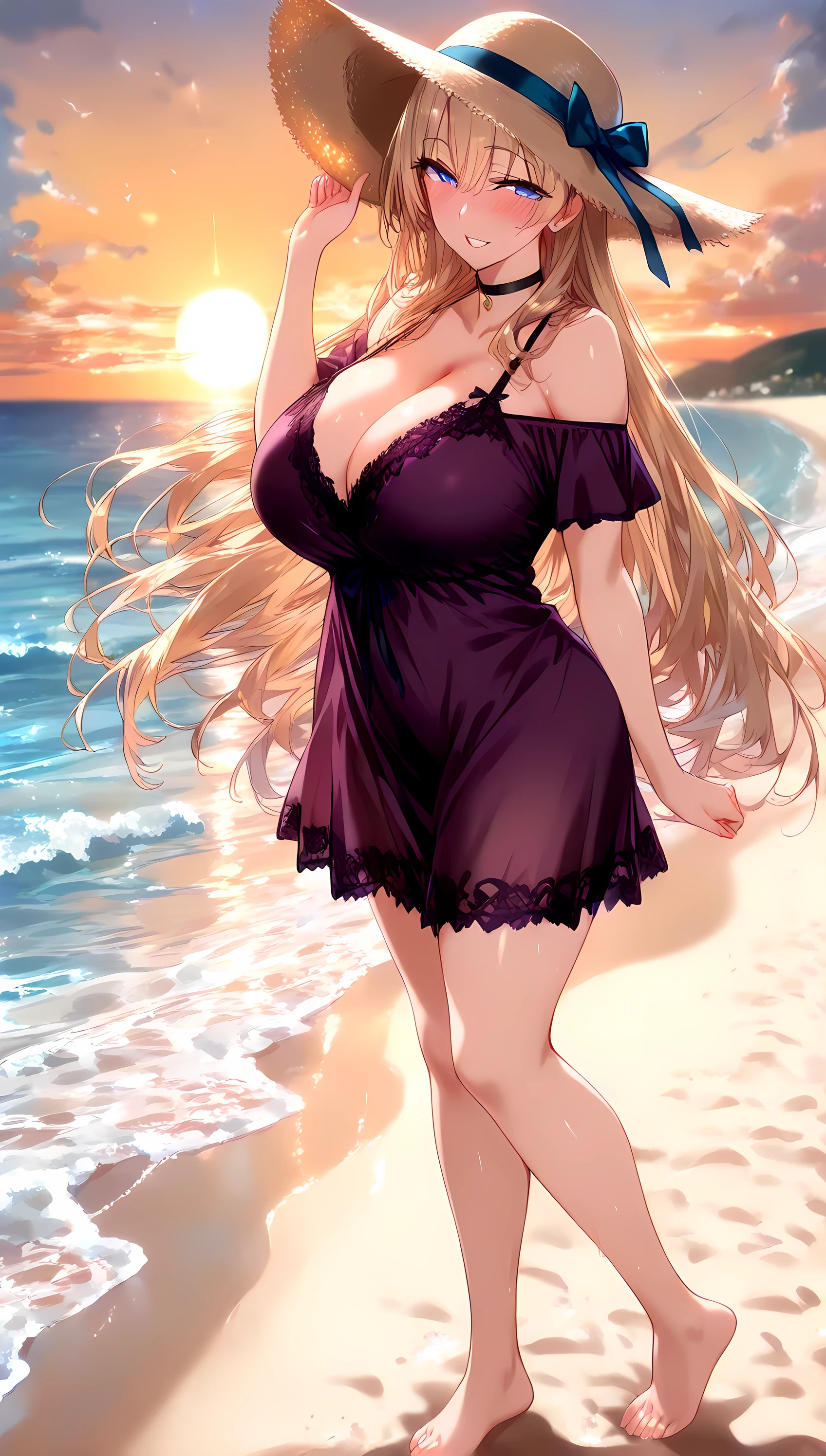 (masterpiece, best_quality:1.2), 1girl, solo, mature female, very long hair, blonde hair, blue eyes, (purple lace nightgown, off-shoulder short dress, black choker, sun hat), beautiful eyes, female focus, looking at viewer, smile, blush, proud, horny, collarbone, large breast, symmetrical body, ((solo)), detailed, very high resolution, no blurry image, (shot), beautiful, suspicious, sexy, lewd, cheating, intricate details, detailed background, outdoors:1.3, attractive body, Full body, View from side, Bare foot,(perfect hands, perfect fingers, perfect number of hands and legs, Perfect length body, Perfect lips, Perfect eyes, Slender legs),(Sunset, Side of wave beach, Walking on beach, Blew in the wind)
