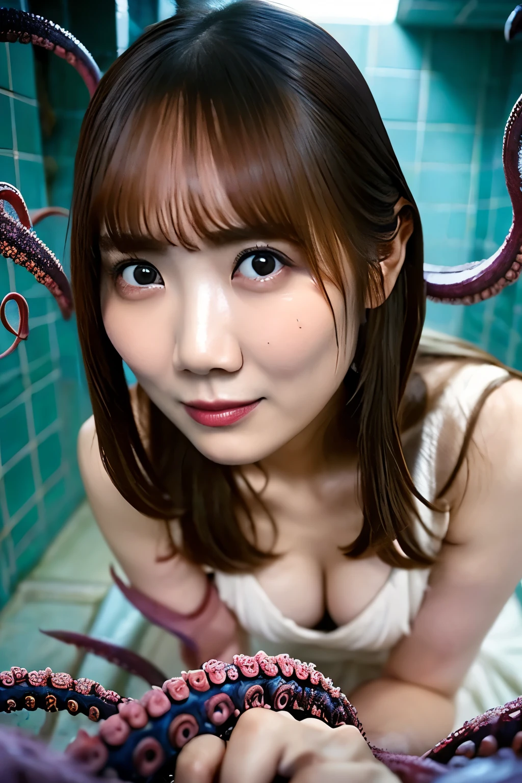 :1.3, masutepiece,top-quality、Lots of schoolgirls in a dense Japan|Enjoy the pleasure of being attacked by tentacles、a large amount of clear mucus covering the entire body,,,, A large amount of slime rains down from overhead、Wet and torn uniform、Tentacles tightening the :1.2,Countless tentacles fill the room、Configuration without gaps、15yo student