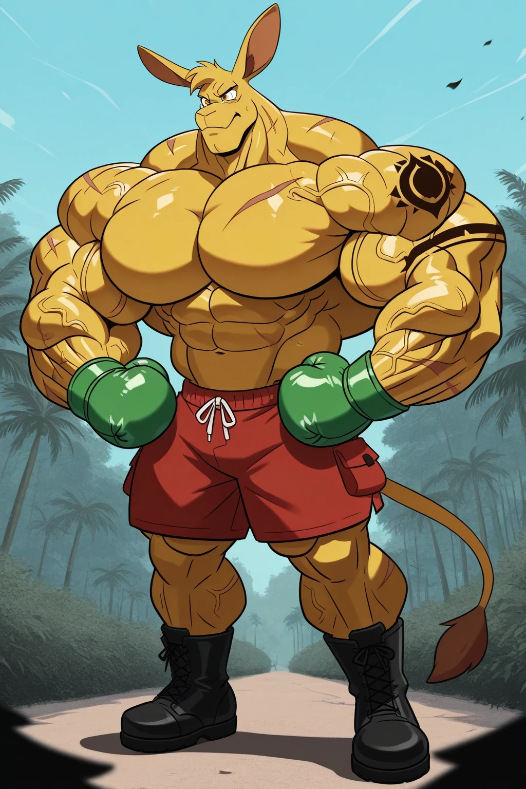 a giant muscles boxing kangaroo, golden yellow skin, green boxing gloves, red shorts, bigger red cartoon eyes, big ears, big feets, scars, veins, tattoos, black boots, muscular body, full body, macro size, giant size, 50-foot size, 100 feet tall, hypercartoon, 8K, intricate details, photocartoon, studio lighting, fists on their hips pose, muscular build, powerful expression, dramatic lighting, lush jungle background, blue day sky background, dynamic motion blur, cinematic composition, saturaded color palette.