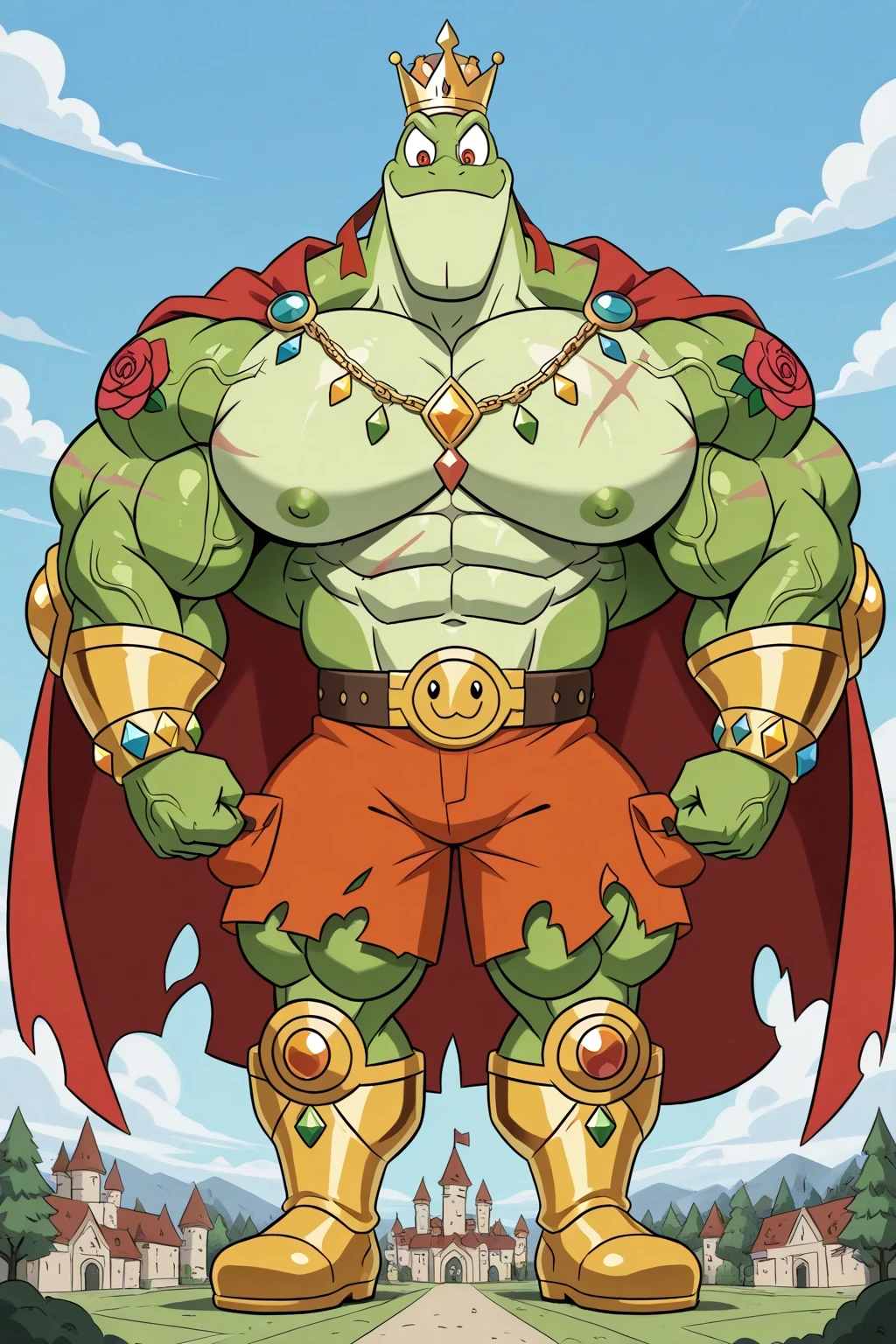 A green giant cartoon 2d frog king, gigantic chin, biggest muscular body, ginomous biceps enormous pectorals, detailed abs, golden armor with colorful jewels, golden bracelets with colorful jewels, golden necklaces with colorful jewels, golden chest with colorful jewels, golden wrestler champions belt with colorful jewels, Red headband. Golden wrist tape with colorful jewels. Golden elbow pads with colorful jewels, Golden kneepads with colorful jewels, ripped orange shorts, tattoos and scars, veins, bigger cartoon yellow frog eyes, red eyes, green skin, golden king crown with colorful jewels, saturaded green skin, big frog feets, golden boots with colorful jewels, wearing a ripped very long red cape, powerful smile expression, feral, smug, dark green eyebrows, sharp teeths, castle and village background, trees, blue sky and clouds background, full body, macro size, giant size, 50-foot size, 100-feet tall, big powerful muscles, veins, rose and fire tattoos, saturaded colors palette, fairytale fantasy scene, dynamic angle.