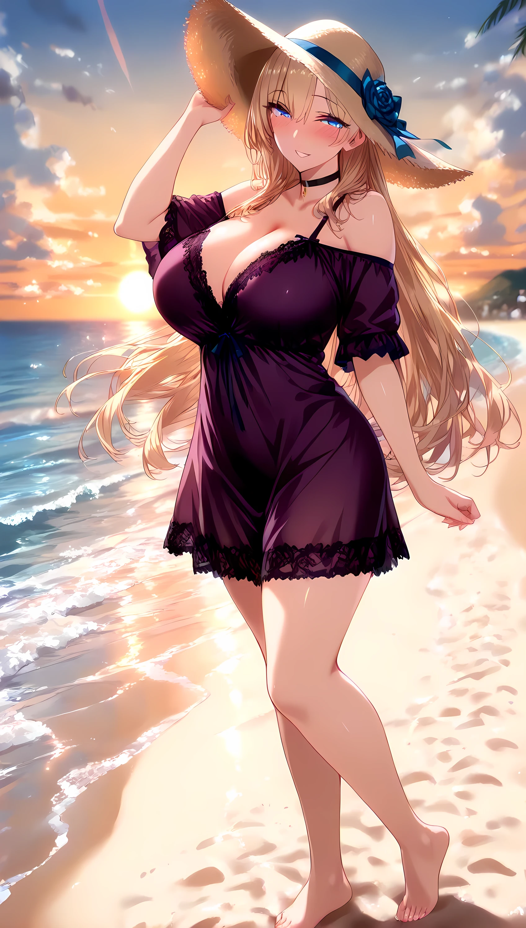 (masterpiece, best_quality:1.2), 1girl, solo, mature female, very long hair, blonde hair, blue eyes, (purple lace nightgown, off-shoulder short dress, black choker, sun hat), beautiful eyes, female focus, looking at viewer, smile, blush, proud, horny, collarbone, large breast, symmetrical body, ((solo)), detailed, very high resolution, no blurry image, (shot), beautiful, suspicious, sexy, lewd, cheating, intricate details, detailed background, outdoors:1.3, attractive body, Full body, View from side, Bare foot,(perfect hands, perfect fingers, perfect number of hands and legs, Perfect length body, Perfect lips, Perfect eyes, Slender legs),(Sunset, Side of wave beach, Walking on beach, Blew in the wind)