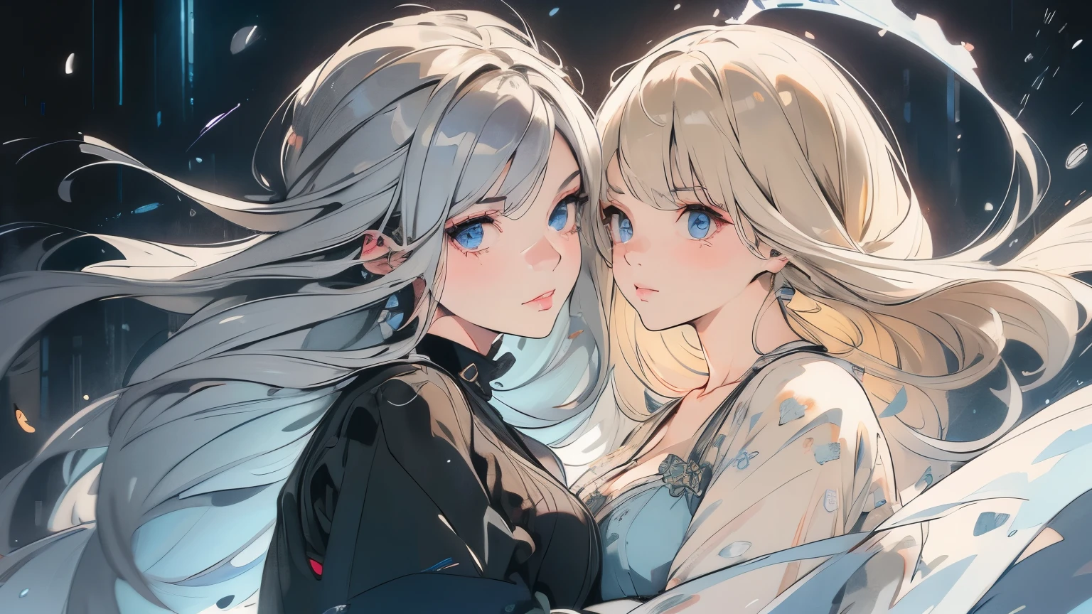 In the Dark、Gray hair woman、summer night、 Midnight 、Blond woman with blue eyes and eyes、4K high resolution、Ultra Fine、vivid colors、Realistic、HDR、UHD、studio lighting that takes in the night sky、super fine painting、sharp focus、physics-based rendering、Extreme Detailed Description、Professional、Vivid Colors、Bokeh、Full Body、dress