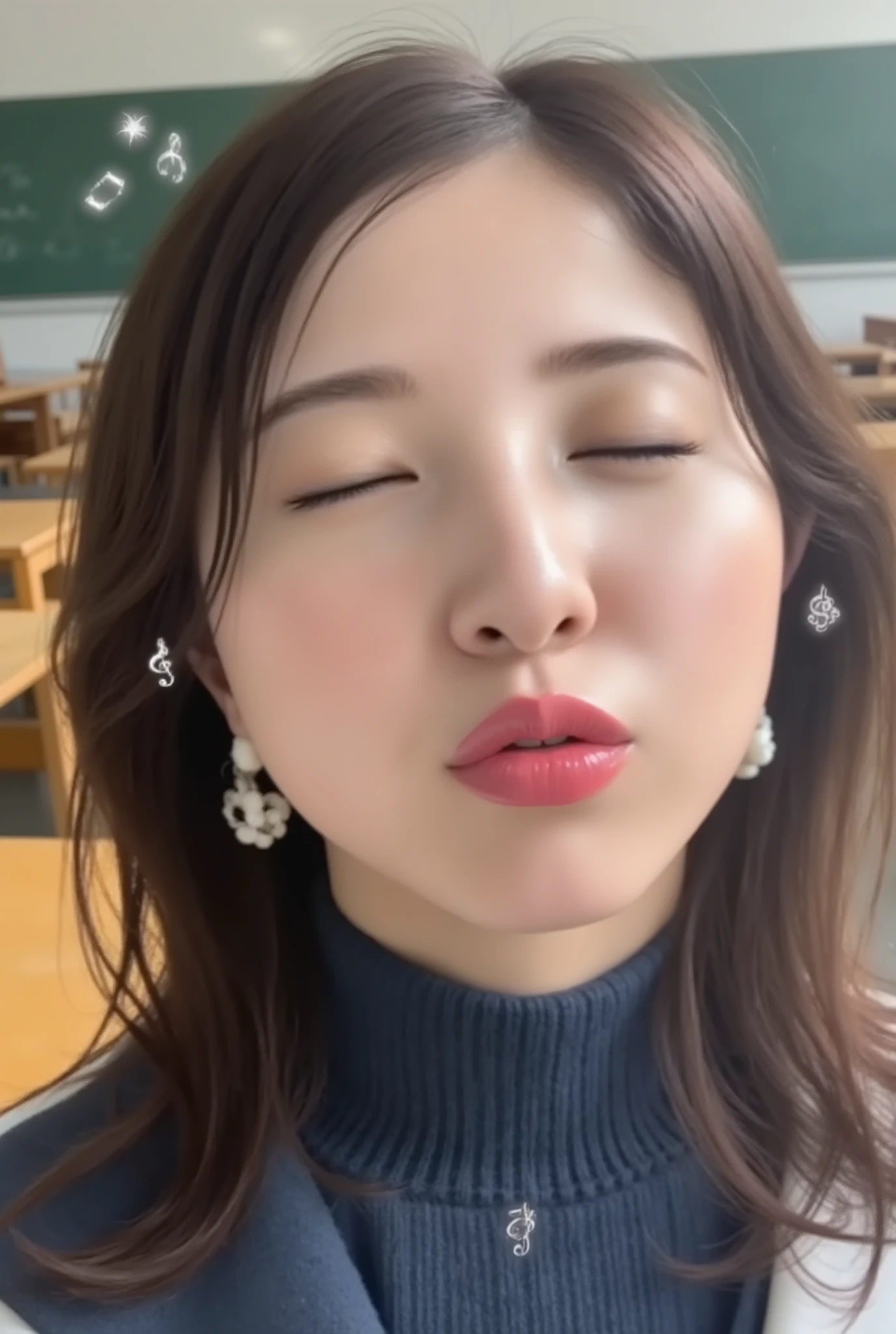 (masterpiece, best quality), face close up, ultra detailed, upper body portrait of a beautiful Japanese schoolgirl in a sailor uniform, standing in a sunlit classroom, lips puckered as if about to kiss, glossy pink lipstick, eyes gently closed, open mouth, white saliva in mouth, whistling softly, (glowing treble clef (♪) and floating musical notes drifting from her lips into the air:2.0), natural warm lighting, wooden desks, chalkboard in background, soft atmosphere, realistic style