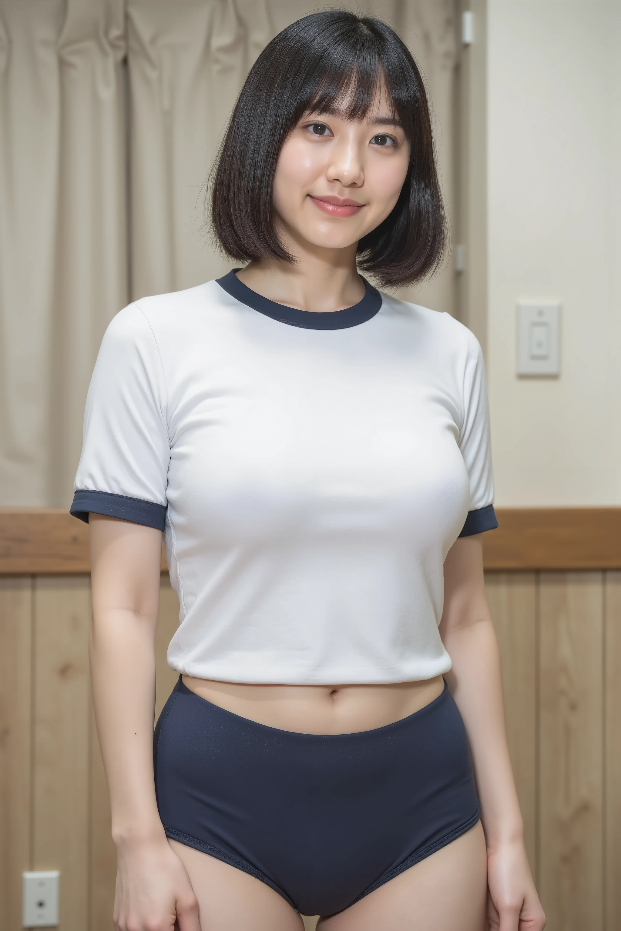 (8k, RAW photos , best quality, masterpiece:1.2), (realistic, photo-realistic:1.4), (Highly Detailed 8K Wallpaper), (((clothes lift:1.5))), upper body naked, Only the upper body is nude, ((big breasts:1.5)), ((pointy breasts)), completely nude, beautiful Japanese woman from under her feet, short hair, black hair, standing, school gymnasium dark blue buruma, school gymnasium, dark blue bloomer for exercise, ( white school t-shirt ), (school gymnasium uniform), camel toe, slim waist, narrow waist, tiny waist, thin waist