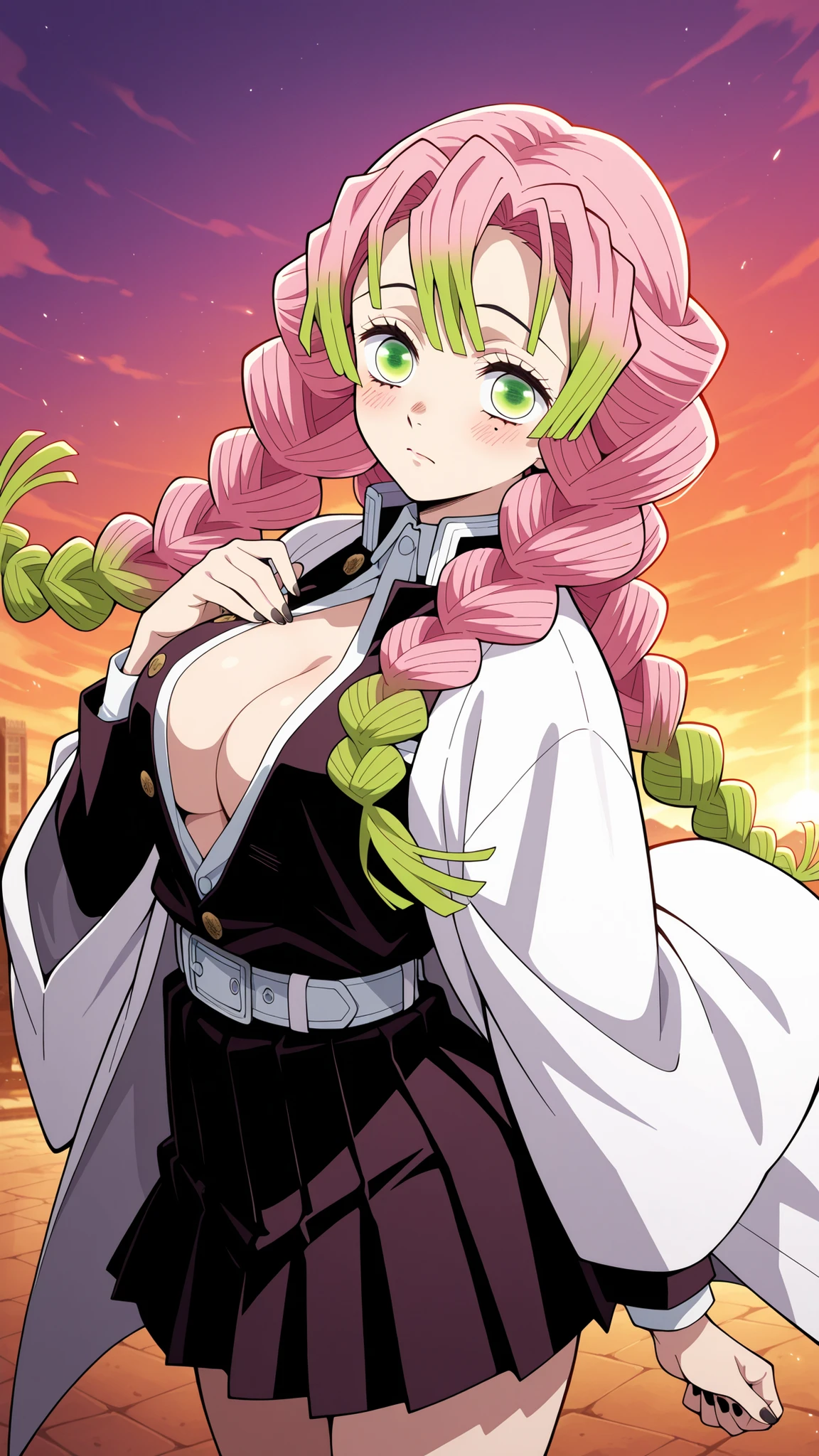 BREAK (masterpiece:1.2), best quality, high resolution, unity 8k wallpaper, (illustration:0.8), (beautiful detailed eyes:1.6),Anime-style view from the street, skyscrapers glowing in orange and purple sunset light. The sky burns with warm colors between tall buildings, windows reflecting the glow. Romantic and calm atmosphere, cinematic wide-angle, highly detailed illustration,no people,blush, seductive expression, mitsuri kanroji, braid, gradient hair, green eyes, green hair, long hair, mole, mole under eye, multicolored hair, pink hair, twin braids, two-tone hair,belt, black skirt, cleavage, coat, demon slayer uniform, haori, japanese clothes, long sleeves, miniskirt, partially unbuttoned, pleated skirt, skirt, uniform,cowboy shot,looking at viewer,floating hair,black nails,serious face,arched back,