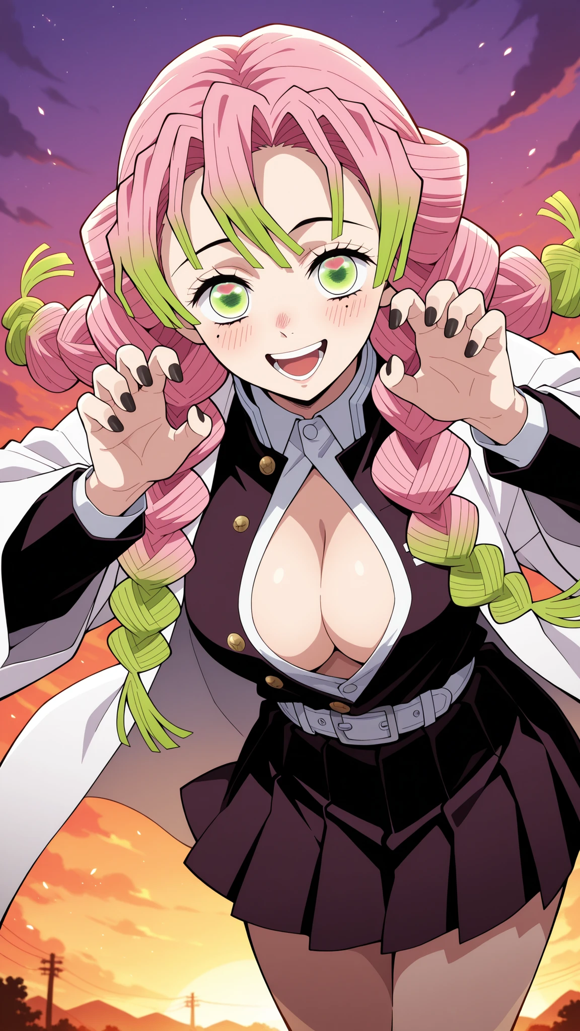 BREAK (masterpiece:1.2), best quality, high resolution, unity 8k wallpaper, (illustration:0.8), (beautiful detailed eyes:1.6),Anime-style view from the street, skyscrapers glowing in orange and purple sunset light. The sky burns with warm colors between tall buildings, windows reflecting the glow. Romantic and calm atmosphere, cinematic wide-angle, highly detailed illustration,no people,blush, seductive expression, mitsuri kanroji, braid, gradient hair, green eyes, green hair, long hair, mole, mole under eye, multicolored hair, pink hair, twin braids, two-tone hair,belt, black skirt, cleavage, coat, demon slayer uniform, haori, japanese clothes, long sleeves, miniskirt, partially unbuttoned, pleated skirt, skirt, uniform,cowboy shot,looking at viewer,floating hair,black nails,playfull grapping pose,claw hand,bent over,from below,smile,open mouth