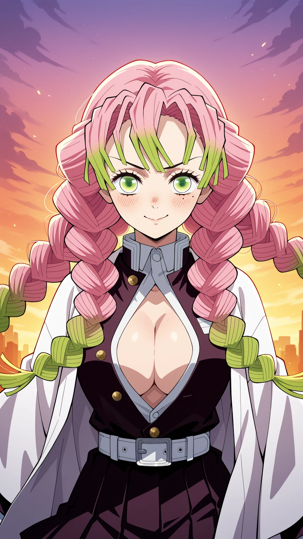 BREAK (masterpiece:1.2), best quality, high resolution, unity 8k wallpaper, (illustration:0.8), (beautiful detailed eyes:1.6),Anime-style view from the street, skyscrapers glowing in orange and purple sunset light. The sky burns with warm colors between tall buildings, windows reflecting the glow. Romantic and calm atmosphere, cinematic wide-angle, highly detailed illustration,no people,blush, seductive expression, mitsuri kanroji, braid, gradient hair, green eyes, green hair, long hair, mole, mole under eye, multicolored hair, pink hair, twin braids, two-tone hair,belt, black skirt, cleavage, coat, demon slayer uniform, haori, japanese clothes, long sleeves, miniskirt, partially unbuttoned, pleated skirt, skirt, uniform,portrait,portrait shot,face close-up,looking at viewer,floating hair,black nails,