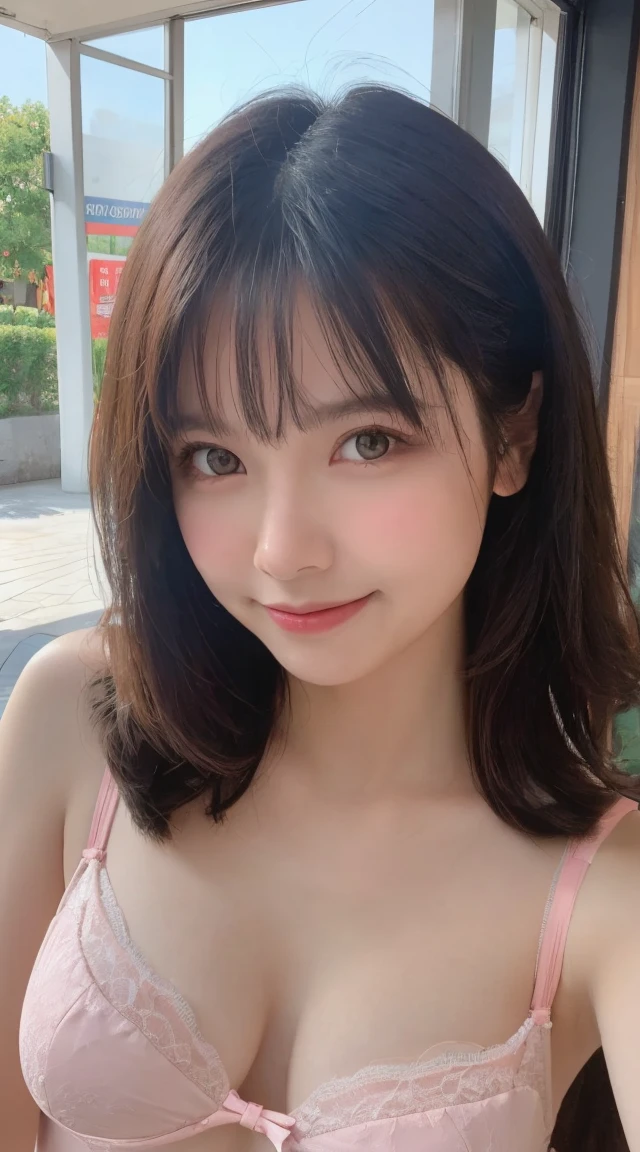 masutepiece, 1 girl in、Best Quality, Ultra-detailed, finely detail, hight resolution, 8K Wallpaper, Perfect dynamic composition, Beautiful detailed eyes, timido, Women's Fashion,Natural Color Lip, twin-tail hair. Bold  poses, Harajuku、17 years old girl、Cute、Sexy shot looking at camera,White bra、Colossal tits、Plump lips、Smile