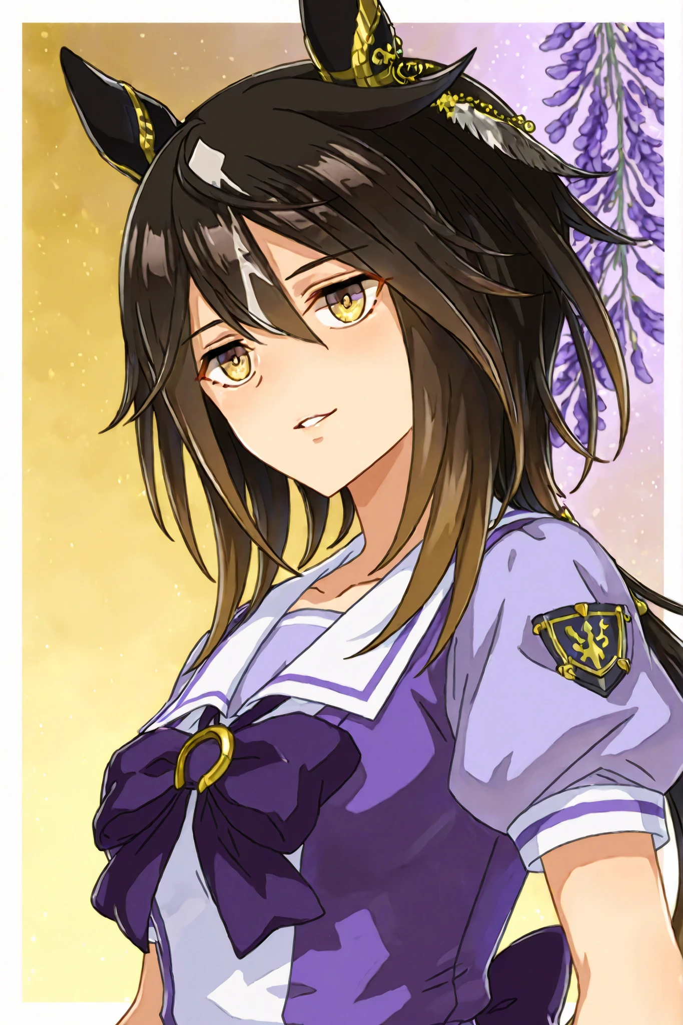 A Stay Gold character with a horse's ear Suas features are portrayed in this artwork, with beads and decorative ribbons. Her hair is a mix of shades of dark and light brown, stylized with layered fringes that frame her face. She is dressed in a sailor-style school uniform, characterized by a lavender and purple color palette. The uniform includes a lavender blouse with a prominent white sailor collar and a large purple bow on the front, fixed with an intricate gold ring design. The background features a gradient yellow square, by adding a modern , graphic element of the composition. The overall aesthetic of the image combines elements of fantasy and anime, suggesting an extravagant and creative theme.