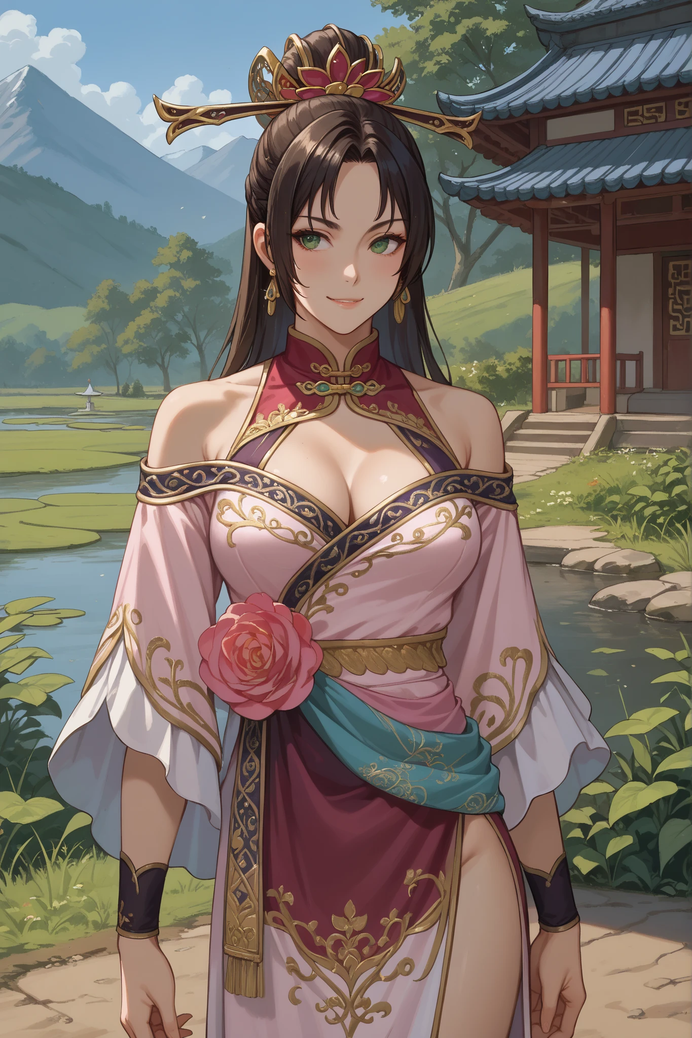 Score_9, Score_8_up, Score_7_up, Score_6_up, Score_5_up, Score_4_up, Source_anime, looking to viewer, sexy, small smirk, Best quality, High quality, Detailed, High resolution, 8k, Ultra high res, highest quality, ANIME masterpiece, 1Girl, alone, Japanese girl, light skin female, silky skin, delicate, earrings, green eyes, in silk Sakura dress, dancing, seducing, (typical traditional Chinese dress) beautiful, standing outside, house in the chinese high mountains, bid pond, tradicional chinese, (seduction), ((large apart breasts)), depth of field, cinematic, (breastsout:1.1)
(intricatedetails), (UHD 8K), (detailedeyes), (High definition), 8k, cinematic,