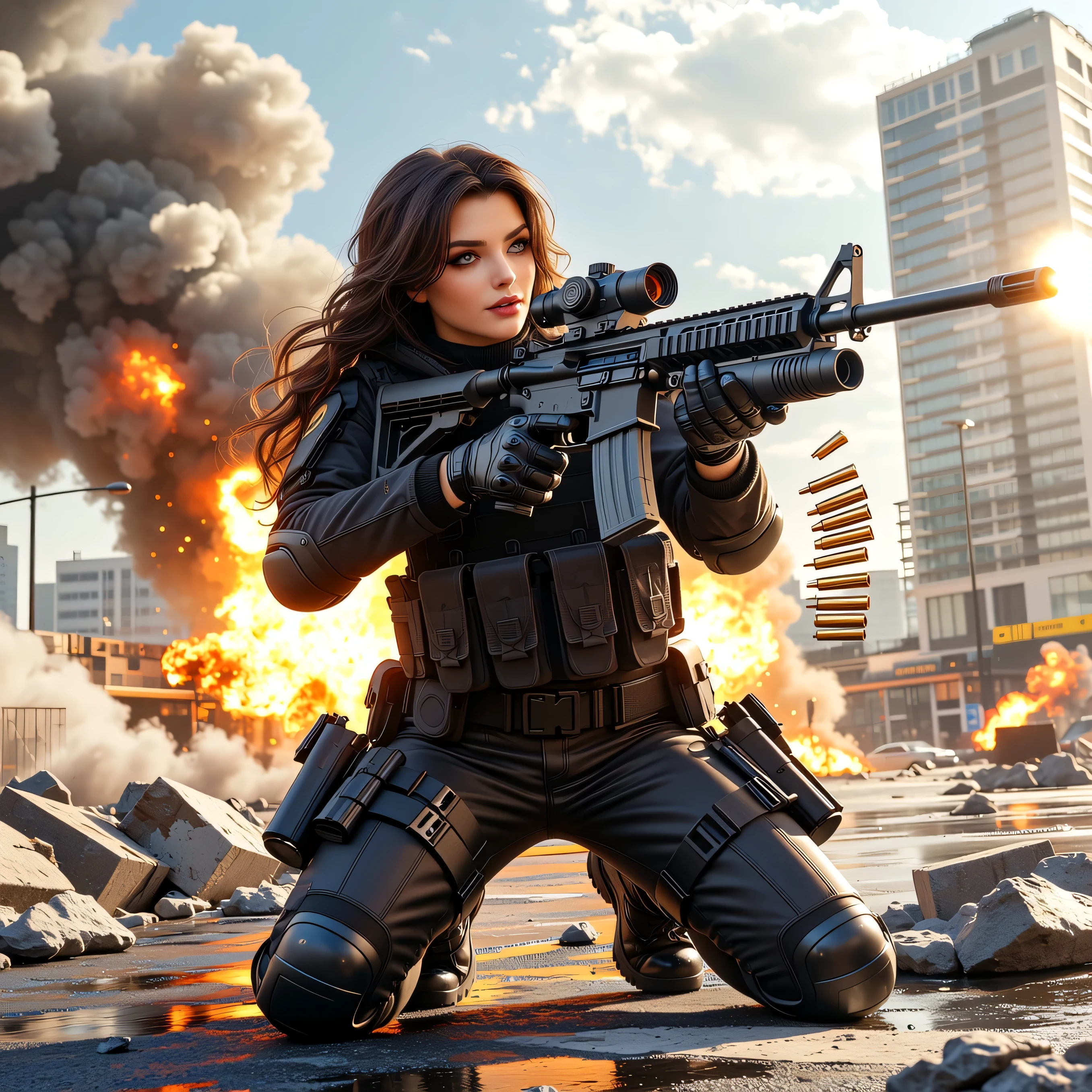 Ultra-realistic, photo-realistic, an ultra attractive woman with very long wavy dark hair, heavy black eye makeup up and wearing an all black SWAT type outfit is engaged in an urban warfare nightmare. The enormous automatic assault rifle she has blasts round after round in quick sessions as she shoots at the enemy while down on one knee. Authentic-looking muzzle flash is seen from the end of the barrel of the automatic weapon. Shell casings are quickly spit out of the side of the rifle The city is in complete ruin. Entire buildings are only half-standing, black and empty skeletal shells of what they were before being bombed, the streets'
asphalt is broken and street lights and power lines are down everywhere. The sky is dark from smoke and pollution with a brownish-yellow brightness that hangs in the air where the sun pitifully shines through While the ground is soaked from a leak at the local nuclear power plant, the liquid left over is multicolored, fizzing, and scary-looking. Large plumes of dust kick up around the woman as shots are fired at her and the bullets hit objects around her. A very dramatic action scene in an apocalyptic atrocity of a modern city turned into a battlefield. The background is a dystopian nightmare, and everything is destroyed. Cinematic photography, cinematography, realism, UHDR, hyperrealistic, physically-based rendering, realistic vision, and the highest quality images.
