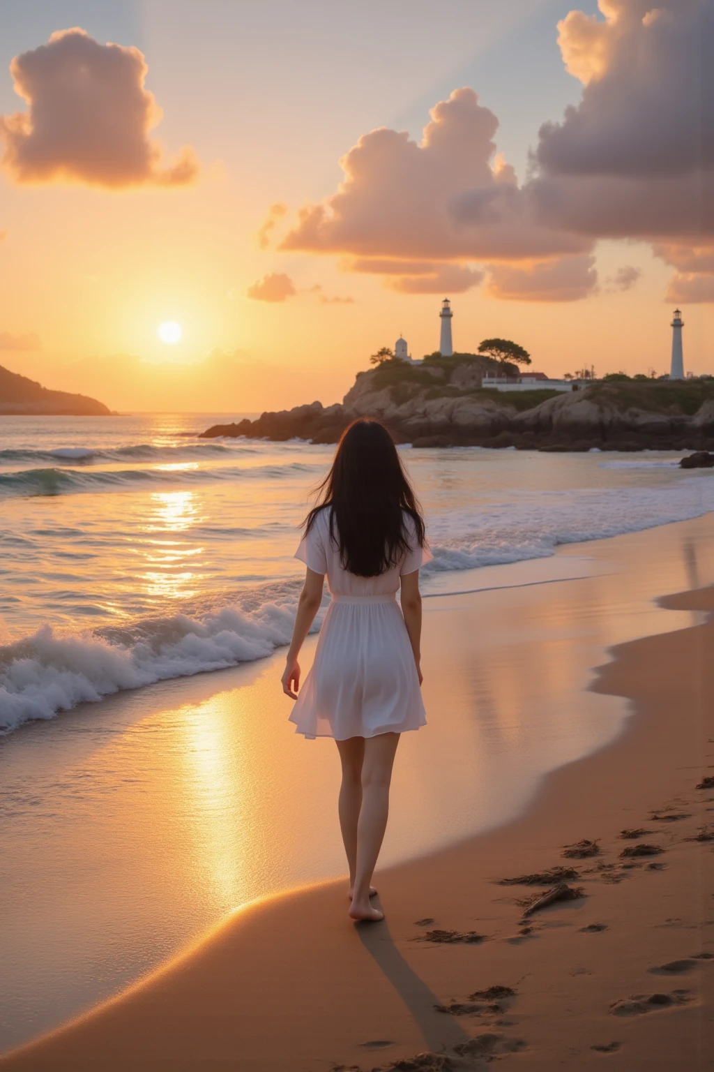 (masterpiece, best quality:1.2), Vertical photo with ultra wide-angle lens, an adult woman wearing a resort dress is walking on the sandy beach, her head is in the center of the screen, her feet are at the bottom of the screen, The sun is shining at the top of the screen, A row of palm trees can be seen in the distance, The shadows are created by correctly tracing the sunlight. photorealistic, photographic style,