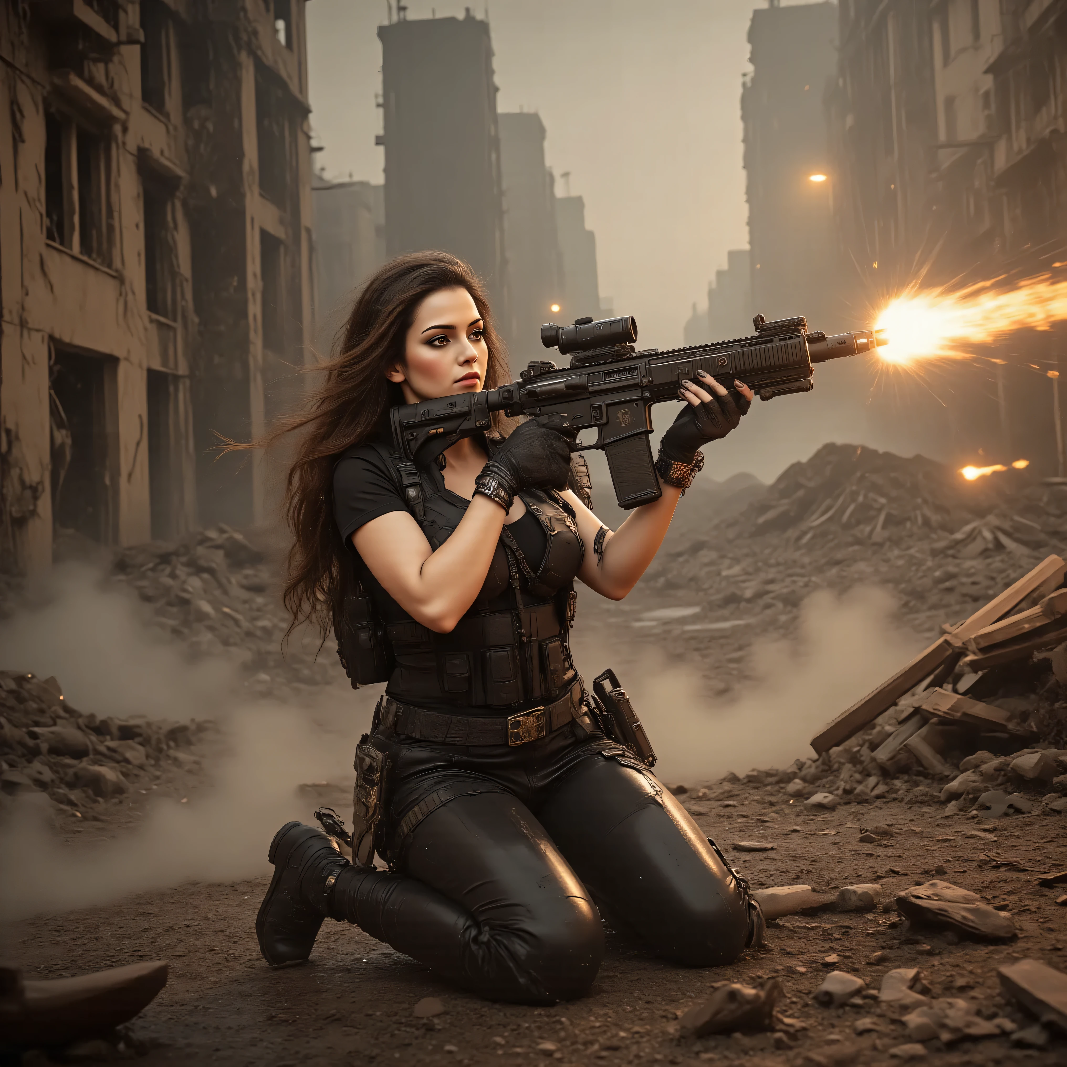 Ultra-realistic, photo-realistic, an ultra attractive woman with very long wavy dark hair, heavy black eye makeup up and wearing an all black SWAT type outfit is engaged in an urban warfare nightmare. The enormous automatic assault rifle she has blasts round after round in quick sessions as she shoots at the enemy while down on one knee. Authentic-looking muzzle flash is seen from the end of the barrel of the automatic weapon. Shell casings are quickly spit out of the side of the rifle The city is in complete ruin. Entire buildings are only half-standing, black and empty skeletal shells of what they were before being bombed, the streets'
asphalt is broken and street lights and power lines are down everywhere. The sky is dark from smoke and pollution with a brownish-yellow brightness that hangs in the air where the sun pitifully shines through While the ground is soaked from a leak at the local nuclear power plant, the liquid left over is multicolored, fizzing, and scary-looking. Large plumes of dust kick up around the woman as shots are fired at her and the bullets hit objects around her. A very dramatic action scene in an apocalyptic atrocity of a modern city turned into a battlefield. The background is a dystopian nightmare, and everything is destroyed. Cinematic photography, cinematography, realism, UHDR, hyperrealistic, physically-based rendering, realistic vision, and the highest quality images.