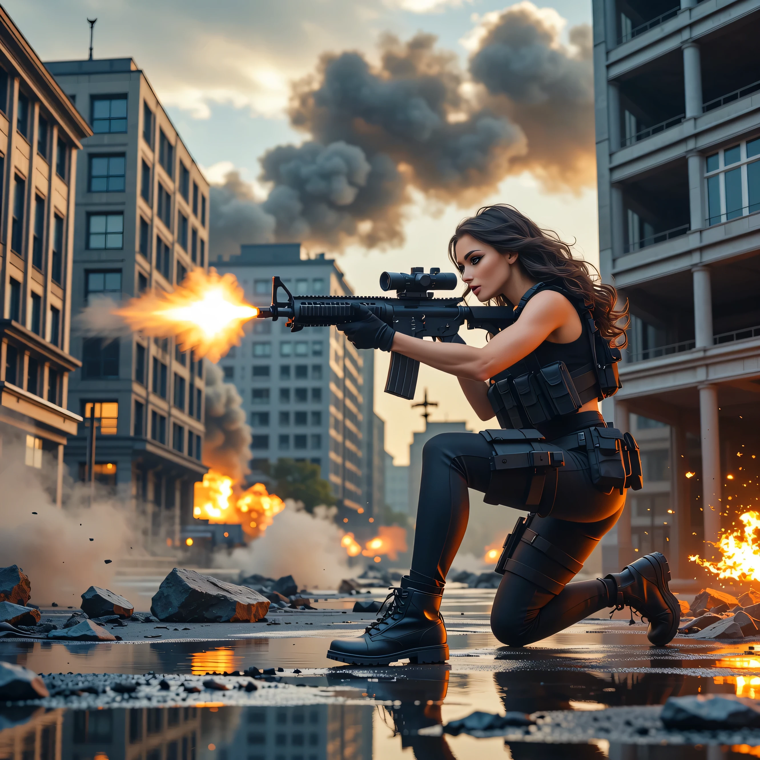 Ultra-realistic, photo-realistic, an ultra attractive woman with very long wavy dark hair, heavy black eye makeup up and wearing an all black SWAT type outfit is engaged in an urban warfare nightmare. The enormous automatic assault rifle she has blasts round after round in quick sessions as she shoots at the enemy while down on one knee. Authentic-looking muzzle flash is seen from the end of the barrel of the automatic weapon. Shell casings are quickly spit out of the side of the rifle The city is in complete ruin. Entire buildings are only half-standing, black and empty skeletal shells of what they were before being bombed, the streets'
asphalt is broken and street lights and power lines are down everywhere. The sky is dark from smoke and pollution with a brownish-yellow brightness that hangs in the air where the sun pitifully shines through While the ground is soaked from a leak at the local nuclear power plant, the liquid left over is multicolored, fizzing, and scary-looking. Large plumes of dust kick up around the woman as shots are fired at her and the bullets hit objects around her. A very dramatic action scene in an apocalyptic atrocity of a modern city turned into a battlefield. The background is a dystopian nightmare, and everything is destroyed. Cinematic photography, cinematography, realism, UHDR, hyperrealistic, physically-based rendering, realistic vision, and the highest quality images.