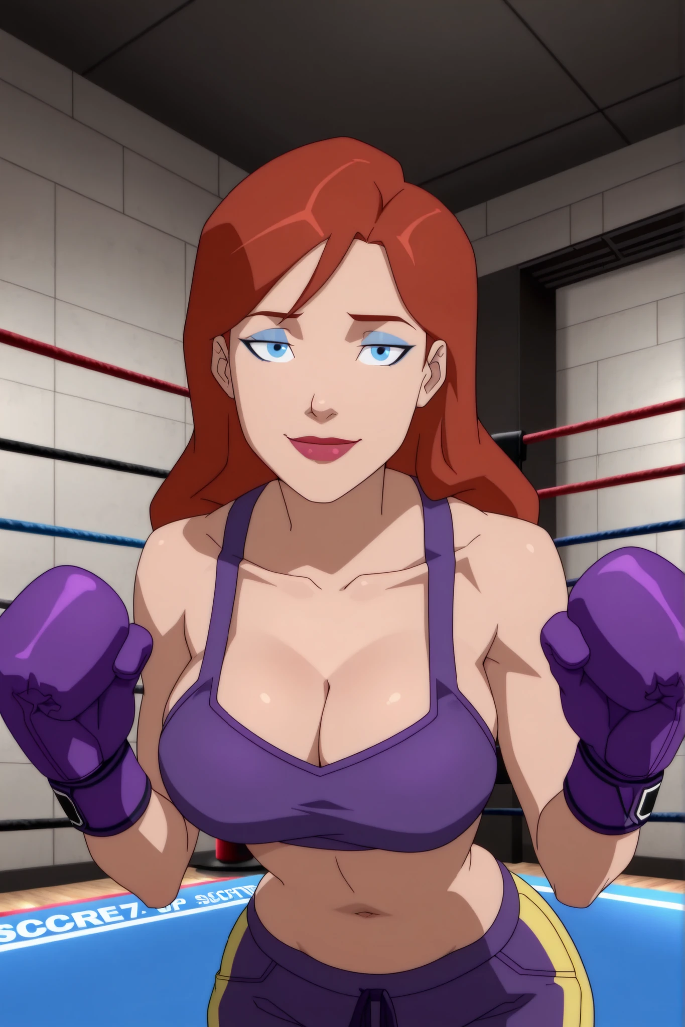 BREAK, score_6_up, score_7_up, score_8_up, score_9, 1girl, solo, b4rb4r4-b4t, blue eyes, long hair, red hair, brown hair, lipstick, makeup, very large breasts, busty, cleavage, curvy, athletic, looking at viewer, seducing viewer, teasing viewer, seductive expression, smiling, closed mouth, bedroom eyes, purple sports bra, purple boxing shorts, purple boxing gloves, indoors, boxing ring, standing, closeup, portrait, upper body, leaning forward, blue eyeshadow, thick thighs, wide hips