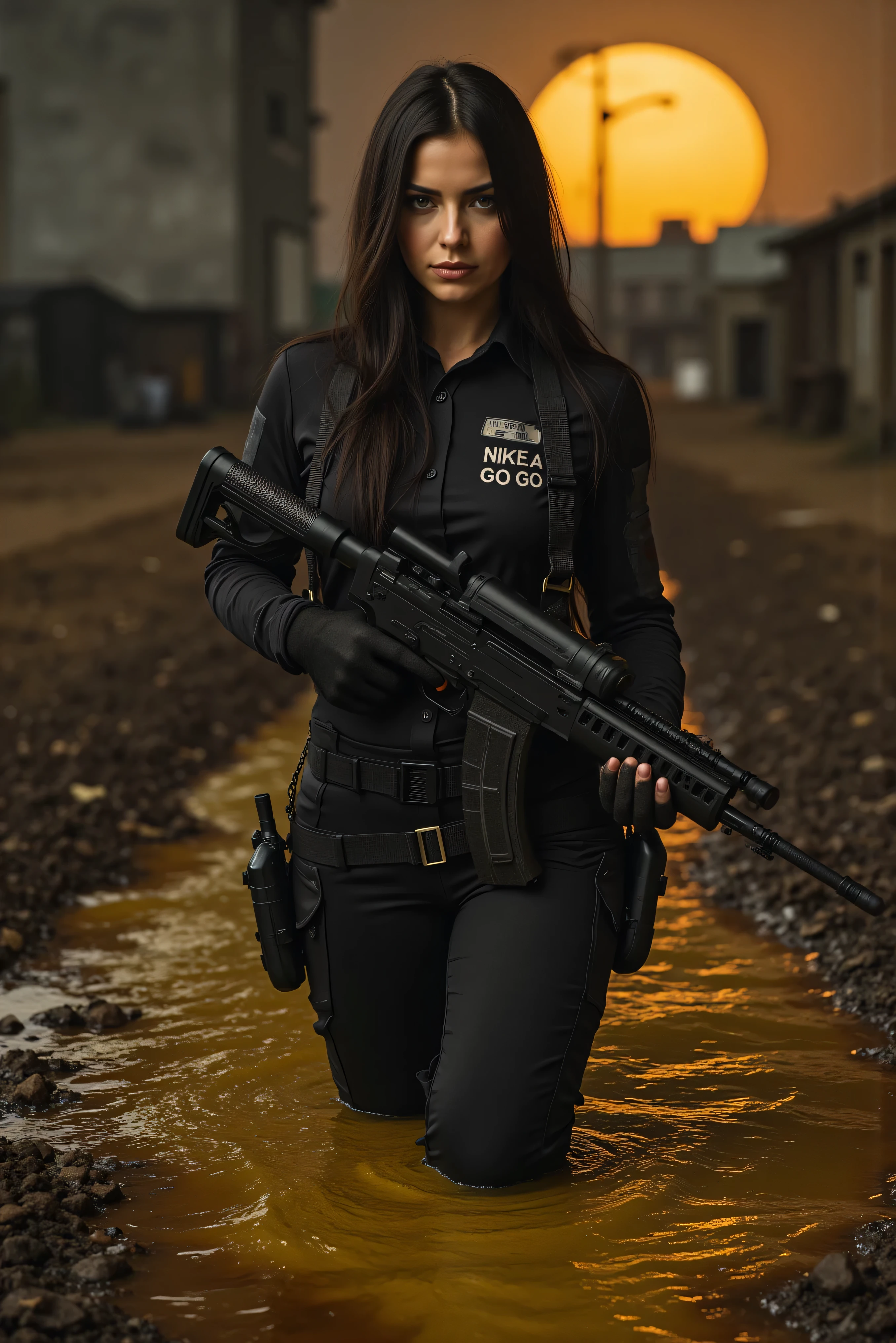 Ultra-realistic, photo-realistic, an ultraattractive very long dark dark-haired woman who is up to her waist in polluted multicolored liquid that is fizzing glowing toxic waste, run off from a leak at a nuclear plant. She is holding an enormous assault rifle with a shoulder strap, two scopes, and a double clip that is duct-taped together so that as soon as one is empty the same double clip can be flipped over and used again fully loaded. The machine gun is so large that it can barely fit in the frame of the image. The woman has very pale skin, dark black eye make-up around very alert flashing eyes, she wears black SWAT-style fatigues, and has several pistols holsters attached to her belt with several clip pouches alongside them. The name sewn into the left side of her shirt above the pocket is "NIKE A GO GO". Nike is her name, remember it. Deadlier than any girl on any world. Nike be good, Nike be everything a woman's not. Nike take my life along with yours, go, go, go, go, go. Where will I go when it's over? There I go and then it's over. Dystopian landscape background, ultra-detailed and ultra-textured, the sky is dark from smoke and pollution with a brownish yellow brightness around the sun. Cinematography, cinematic photography, realistic vision, hyperrealism, surrealism, aesthetic aspirations bordering on apocalyptic atrocity, in a wartorn city made worse by nuclear waste disasters.