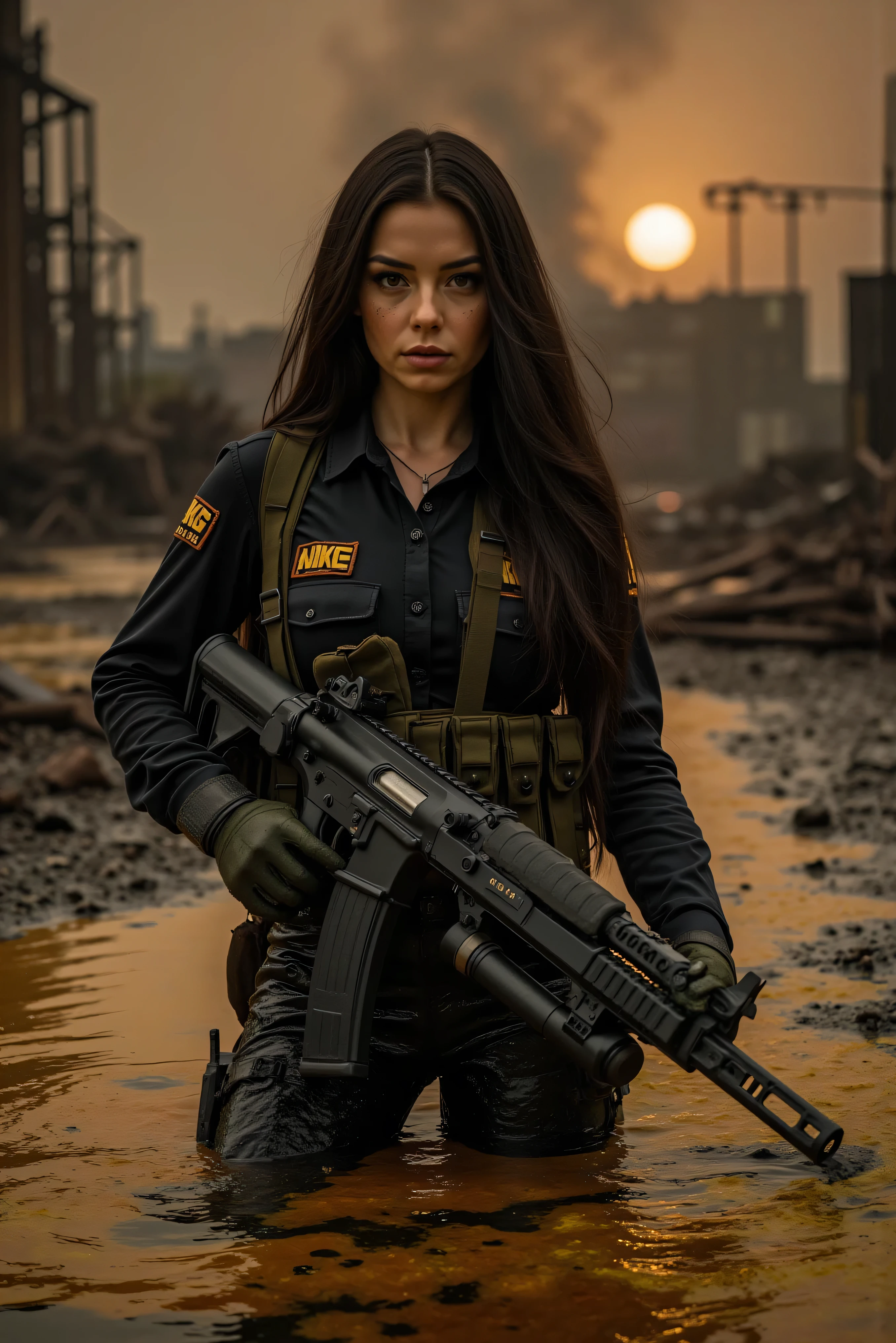 Ultra-realistic, photo-realistic, an ultraattractive very long dark dark-haired woman who is up to her waist in polluted multicolored liquid that is fizzing glowing toxic waste, run off from a leak at a nuclear plant. She is holding an enormous assault rifle with a shoulder strap, two scopes, and a double clip that is duct-taped together so that as soon as one is empty the same double clip can be flipped over and used again fully loaded. The machine gun is so large that it can barely fit in the frame of the image. The woman has very pale skin, dark black eye make-up around very alert flashing eyes, she wears black SWAT-style fatigues, and has several pistols holsters attached to her belt with several clip pouches alongside them. The name sewn into the left side of her shirt above the pocket is "NIKE A GO GO". Nike is her name, remember it. Deadlier than any girl on any world. Nike be good, Nike be everything a woman's not. Nike take my life along with yours, go, go, go, go, go. Where will I go when it's over? There I go and then it's over. Dystopian landscape background, ultra-detailed and ultra-textured, the sky is dark from smoke and pollution with a brownish yellow brightness around the sun. Cinematography, cinematic photography, realistic vision, hyperrealism, surrealism, aesthetic aspirations bordering on apocalyptic atrocity, in a wartorn city made worse by nuclear waste disasters.