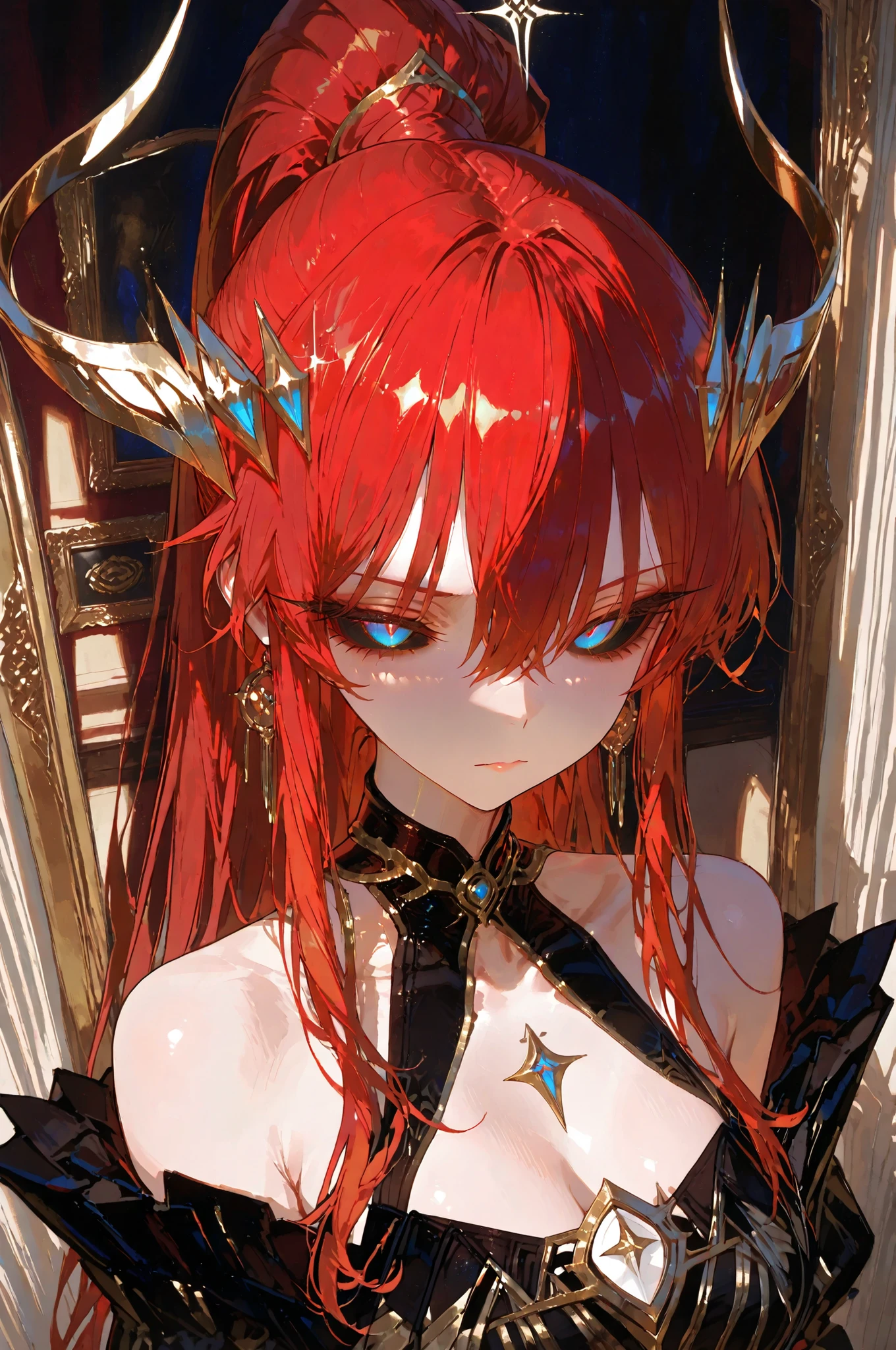 battlemage_neopresencia,,High-end photograph(Close-up shot above the chest):mature woman,Black sclera, blue pupil,Large bust, low-cut V-neck lining, Model with a plaster on her face, stern expression on the right, black-and-gold dress, off-the-shoulder, long red hair, elongated. High Ponytail, blue eyes, thick, long lashes, fringe, noble demeanour, exquisite skin texture, perfect facial proportions, slender, captivating figure, fashionable and high-end, premium photography, beautiful natural light, delicate, soft colours, black legendary background, intense magical feel, sophisticated and grand, authentic texture, 4K ultra-high definition, exceptionally detailed.*********,748cmstyle,,,Top quality, masterpiece, original photo, ultra-high resolution, ultra-high quality, super detail, 8k picture quality, ultimate quality, detailed description, symmetrical eyes, detailed and beautiful face, extremely detailed cg,