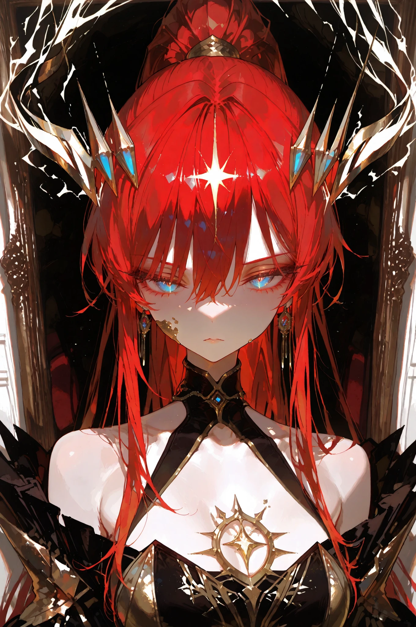 battlemage_neopresencia,High-end portrait (close-up from chest upwards): Mature woman, ample bust, low-cut V-neck lining, model with plaster on face, stern expression, black-gold dress, off-the-shoulder, elongated red hair. High ponytail, blue eyes, thick lashes, fringe, noble bearing, refined complexion, perfect facial proportions, slender, captivating figure, fashion-forward and premium, high-end photography, beautiful natural light, delicate, soft colour palette, black legendary backdrop, intense magical aura, exquisite yet grand, authentic texture, 4K ultra-high definition, exceptionally detailed..*********,748cmstyle,,,Top quality, masterpiece, original photo, ultra-high resolution, ultra-high quality, super detail, 8k picture quality, ultimate quality, detailed description, symmetrical eyes, detailed and beautiful face, extremely detailed cg,