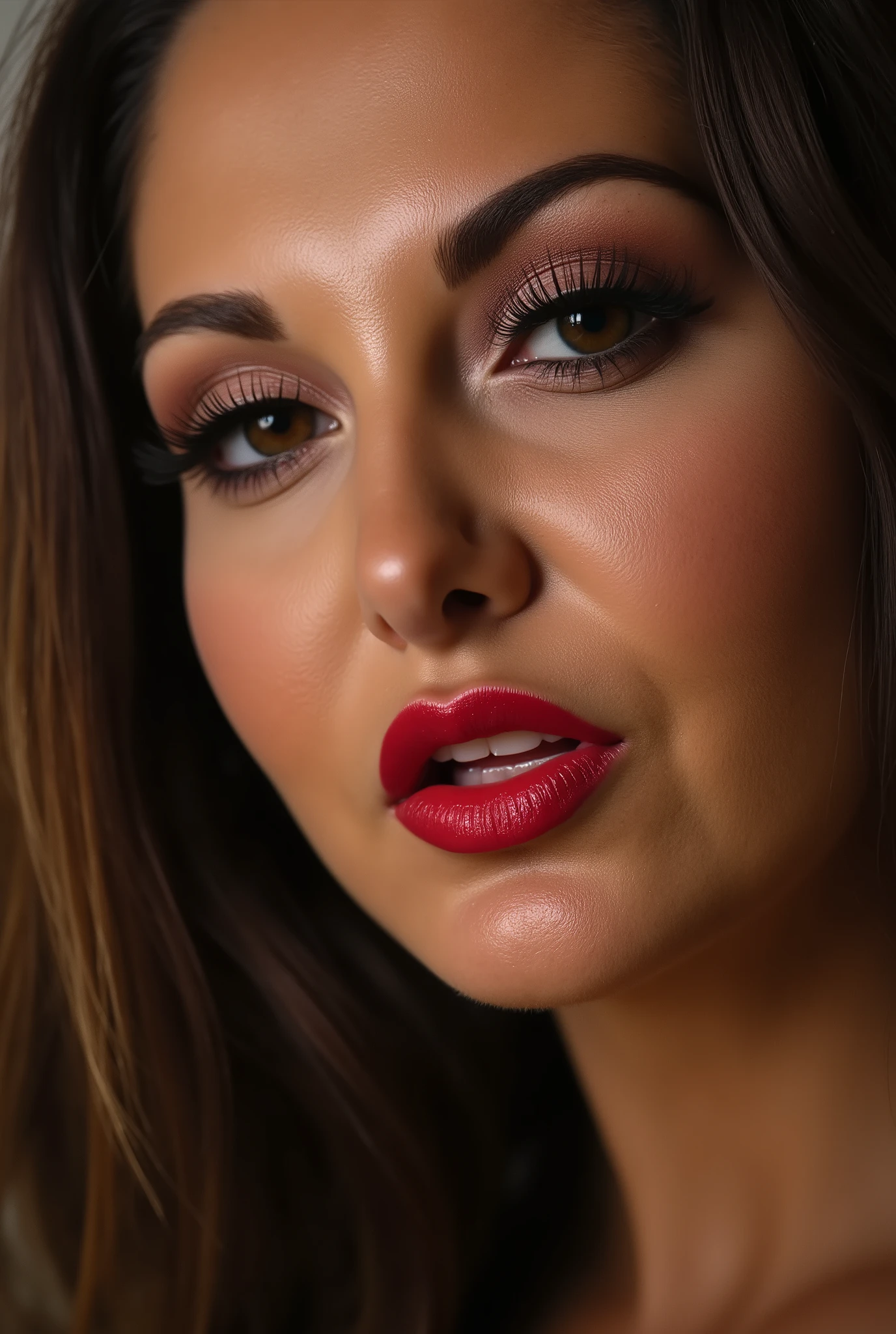 Woman closeup face thick figure .Face only. heavy red lipstick .very Big round gold earnings. very very long hair . intense seductive look. sharp detailed 8k image .detailed face woman .biting her lips.