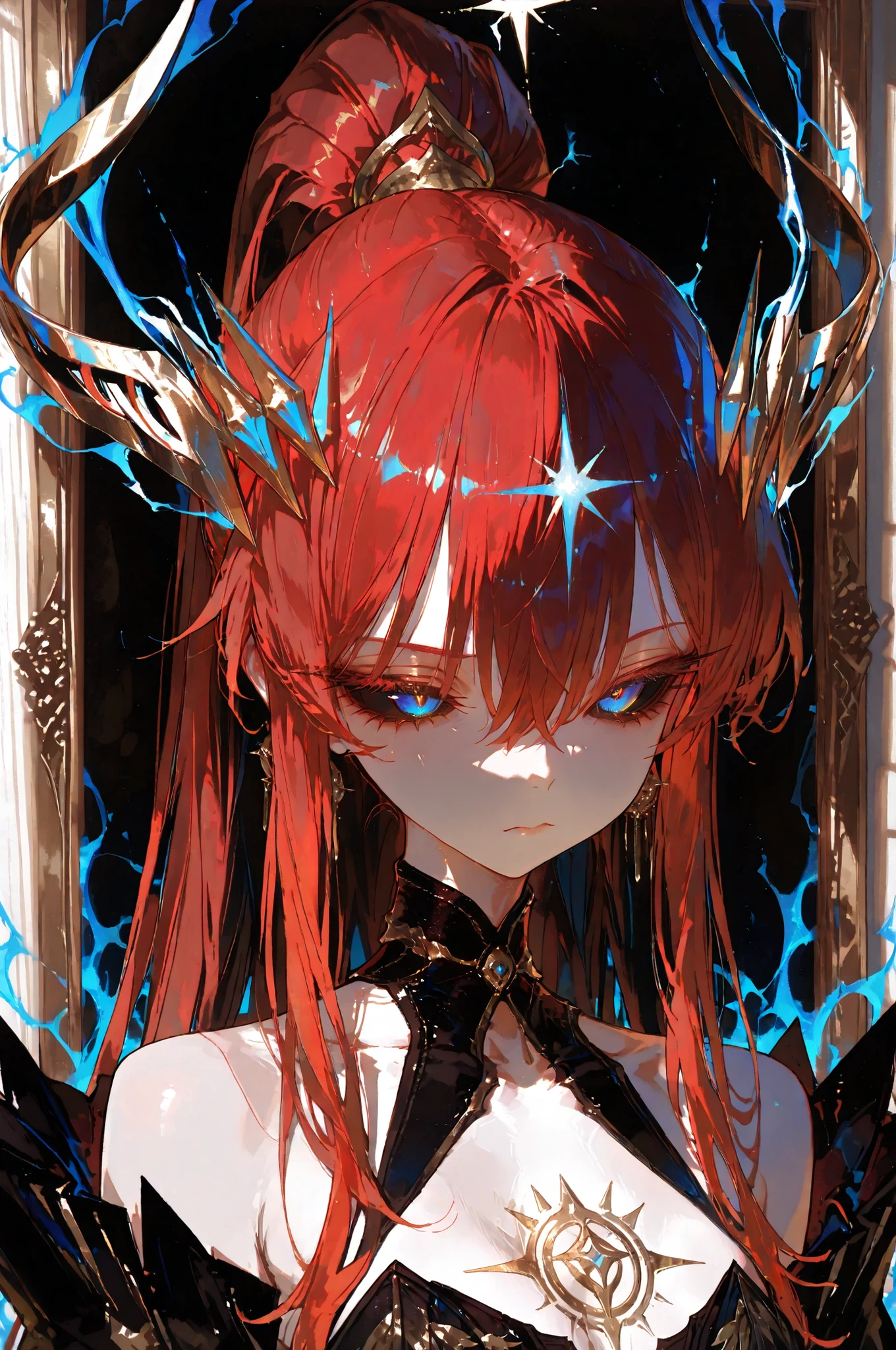 battlemage_neopresencia,,High-end portrait (close-up from chest upwards): Mature woman, black sclera, blue irises, ample bust, low-cut V-neck lining. Model bears a golden, enigmatic tattoo on her face, sporting a stern expression. Black-and-gold dress, off-the-shoulder, with elongated, flowing red hair. High ponytail, blue eyes, thick lashes, fringe, noble bearing, refined complexion, perfect facial proportions, slender, alluring figure, fashion-forward and high-end, premium photography, beautiful natural light, delicate, soft colour palette, black legendary backdrop, intense magical aura, exquisite yet grand, authentic texture, 4K ultra-high definition, exceptionally detailed.*********,748cmstyle,,,Top quality, masterpiece, original photo, ultra-high resolution, ultra-high quality, super detail, 8k picture quality, ultimate quality, detailed description, symmetrical eyes, detailed and beautiful face, extremely detailed cg,