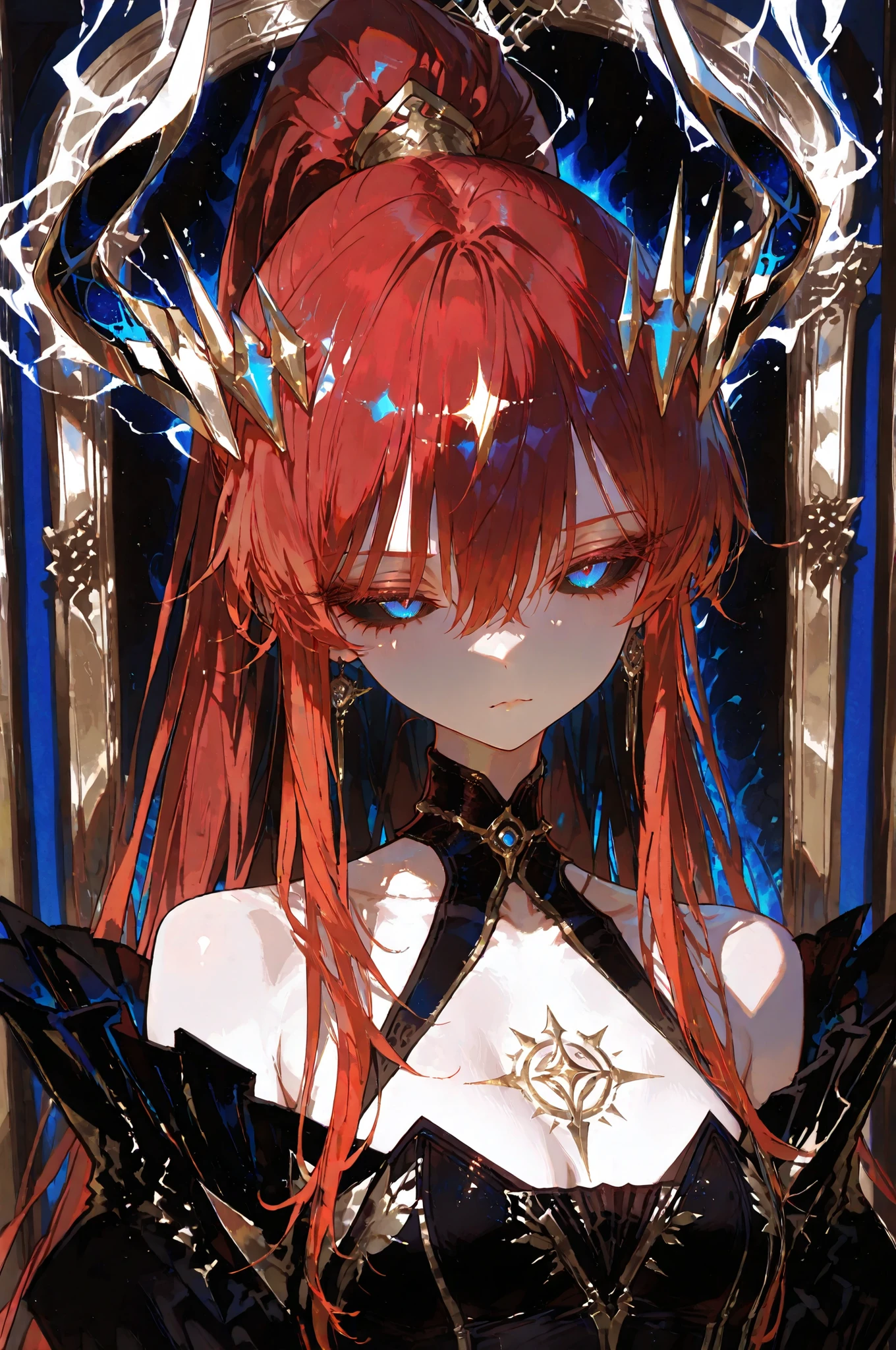 
battlemage_neopresencia，，High-end portrait (close-up from chest upwards): Mature woman, black sclera, blue irises, ample bust, low-cut V-neck lining. Model bears a golden, enigmatic tattoo on her face, sporting a stern expression. Black-and-gold dress, off-the-shoulder, with elongated, flowing red hair. High ponytail, blue eyes, thick lashes, fringe, noble bearing, refined complexion, perfect facial proportions, slender, alluring figure, fashion-forward and high-end, premium photography, beautiful natural light, delicate, soft colour palette, black legendary backdrop, intense magical aura, exquisite yet grand, authentic texture, 4K ultra-high definition, exceptionally detailed.*********,748cmstyle,,,Top quality, masterpiece, original photo, ultra-high resolution, ultra-high quality, super detail, 8k picture quality, ultimate quality, detailed description, symmetrical eyes, detailed and beautiful face, extremely detailed cg,