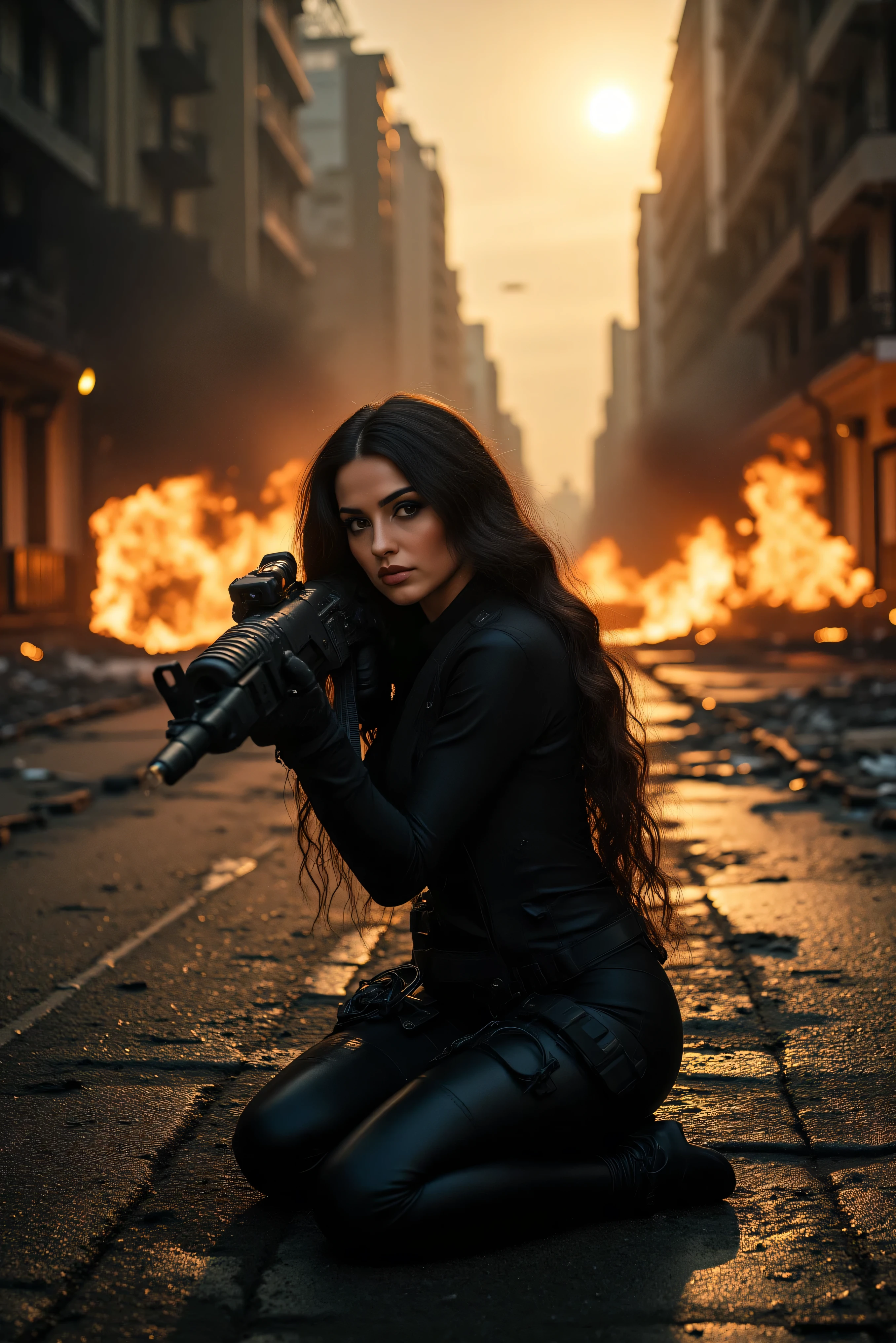 Ultra-realistic, photo-realistic, an ultraattractive woman with very long wavy dark hair, heavy black eye makeup up and wearing an all black SWAT type outfit is engaged in an urban warfare nightmare. The enormous assault rifle she has blasts automatic gunfire through the barrel in quick rapid fire action as she shoots at the enemy while down on one knee. The city is in complete ruin. Buildings are blackened shells of what they were before being bombed, the streets' asphalt is broken and street lights and power lines are down everywhere. The sky is dark from smoke and pollution with a brownish-yellow brightness around the sun, while the ground is soaked from a leak at the local nuclear power plant, the liquid left over is multicolored, fizzing, and scary-looking. Large blooms of dust kick up around the woman as shots are fired at her and the bullets hit objects all around her. A very dramatic action scene in an apocalyptic atrocity of a modern city turned into a battlefield. The background is a dystopian nightmare, and everything is destroyed. Cinematic photography, cinematography, realism, UHDR, hyperrealistic, physically-based rendering, realistic vision, highest quality images.