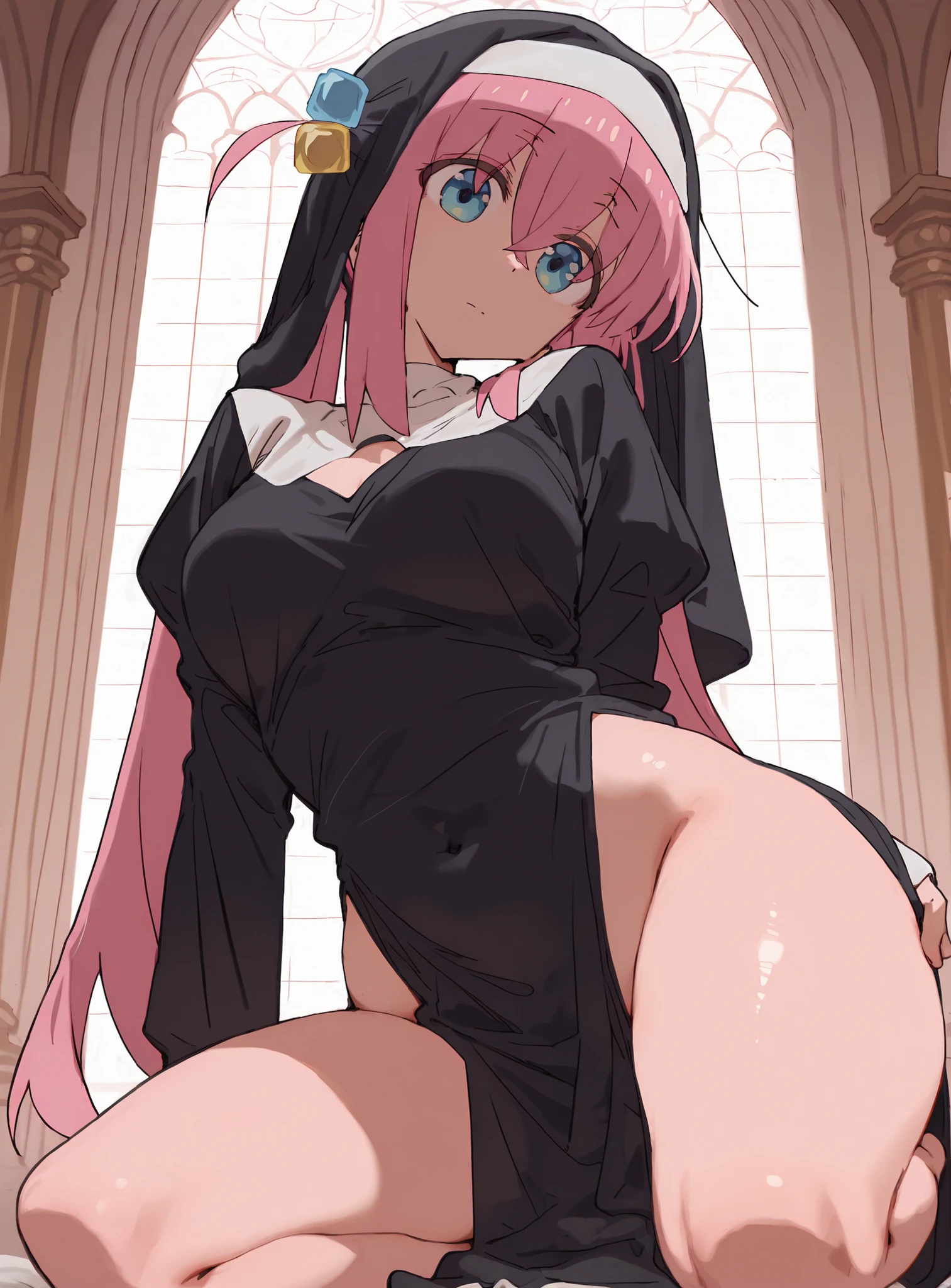 Masterpiece,best quality,great details,8K,anime,illustration,beauty anime,Bocchi, cube hair ornament, pink hair, long hair, blue eyes, hair between eyes,bangs,nun costume,otintin,fullbody, sexy posing,l,(twintail hair),