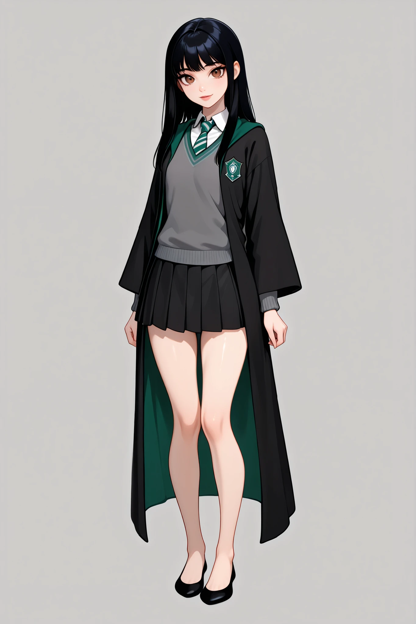 score_9, score_8_up, score_7_up, best quality, masterpiece, 4k resolution, 1girl, solo, youthful, beautiful, full body, long straight hair, pitch black hair, brown eyes, sharp eyes, looking at viewer, elegant posture, bare legs, smooth body, clean skin,  hogwarts uniform, slytherin, black robe, necktie, striped necktie, collared shirt, sweater, pleated skirt, grey sweater, flats, ballet shoes, black shoes, vibrant expression,