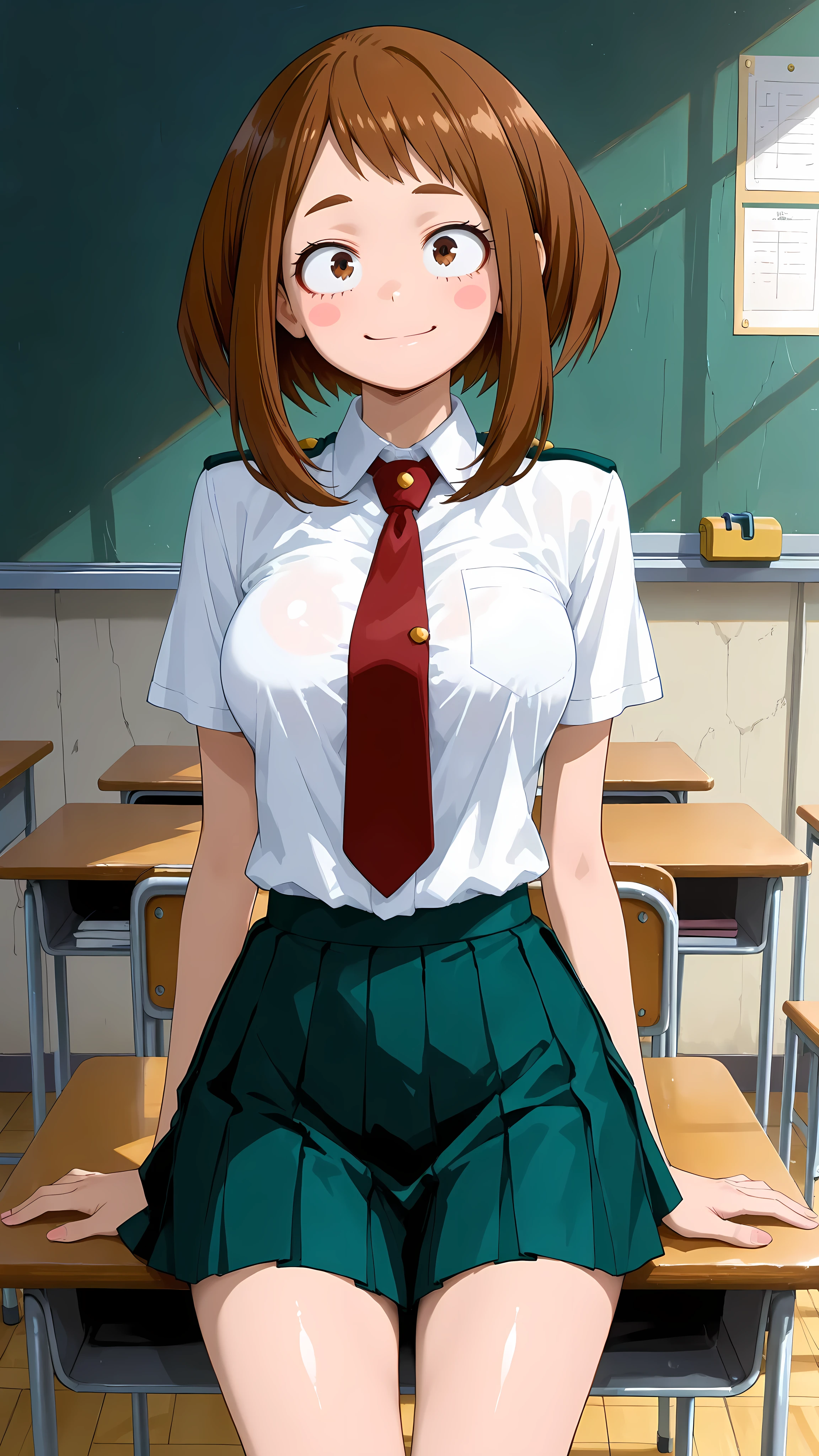 (masterpiece,best quality:1.2,amazing quality,very aesthetic, absurdres, newest), (anime coloring), official style,(uraraka ochako, boku no hero academia ) ,1girl,solo,(ideal ratio body proportions:1.2) ,(skinny),medium breasts, brown hair,smile,school uniform,white shirt,short sleeves,tie,pleated miniskirt,shiny skin,classroom