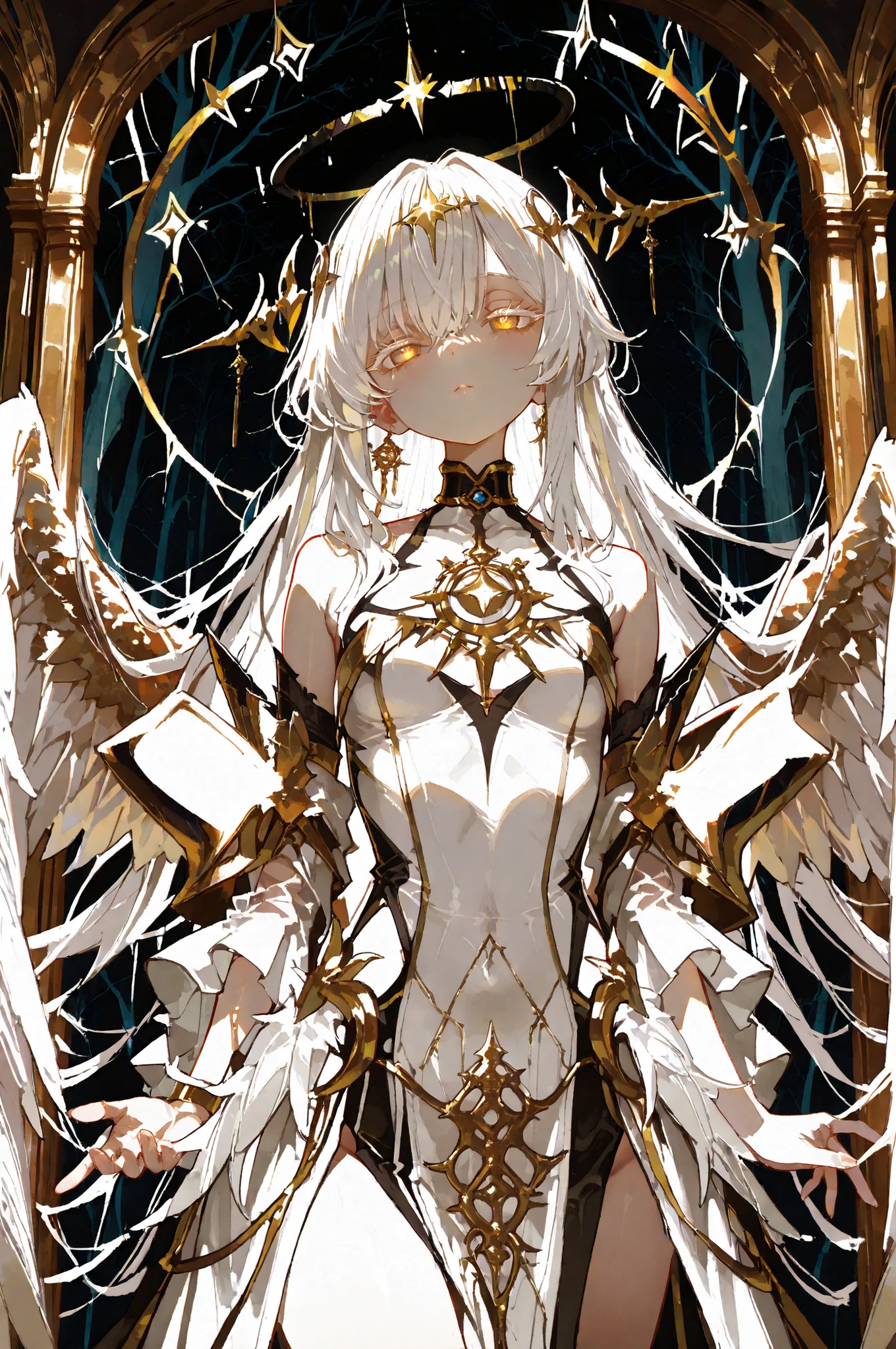 battlemage_neopresencia,,High-end portraiture (full-length, standing): A non-sexual, whimsical parallel-world fantasy narrative. Gazing forward. I purify myself within a mystical spring forest. The woodland shifts like a pattern. Surrealism. Exquisite. Perfected. Shimmering white hair adorned with slender hairpins. Curled ends. Small, natural nose and mouth. Golden ratio. Angelic wings emerge from the back, fluffy texture, ultra-detailed, intricate splatter effects, black circular halo around the head, fallen angel, darkness, cinematic lighting, slight physicality, positioned at the centre of motion, long tassels, highly detailed eyes, clear eyes, white eyelashes, coloured eyelashes, chiaroscuro.*,748cmstyle,,,Top quality, masterpiece, original photo, ultra-high resolution, ultra-high quality, super detail, 8k picture quality, ultimate quality, detailed description, symmetrical eyes, detailed and beautiful face, extremely detailed cg,