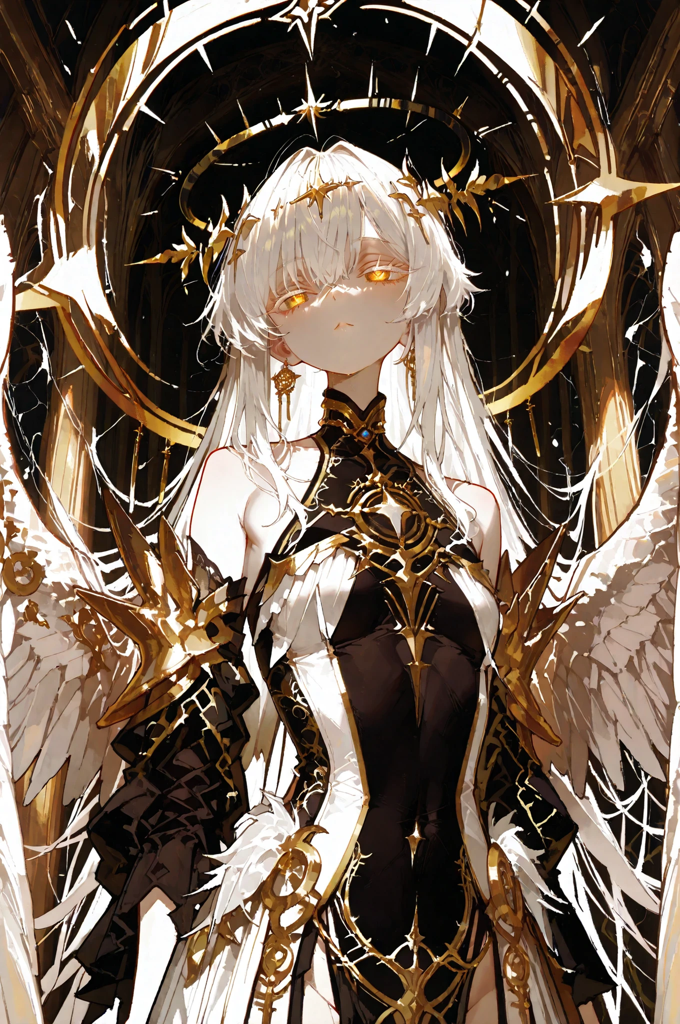 battlemage_neopresencia,,High-end portraiture (full-length, standing): A non-sexual, whimsical parallel-world fantasy narrative. Gazing forward. I purify myself within a mystical spring forest. The woodland shifts like a pattern. Surrealism. Exquisite. Perfected. Shimmering white hair adorned with slender hairpins. Curled ends. Small, natural nose and mouth. Golden ratio. Angelic wings emerge from the back, fluffy texture, ultra-detailed, intricate splatter effects, black circular halo around the head, fallen angel, darkness, cinematic lighting, slight physicality, positioned at the centre of motion, long tassels, highly detailed eyes, clear eyes, white eyelashes, coloured eyelashes, chiaroscuro.*,748cmstyle,,,Top quality, masterpiece, original photo, ultra-high resolution, ultra-high quality, super detail, 8k picture quality, ultimate quality, detailed description, symmetrical eyes, detailed and beautiful face, extremely detailed cg,