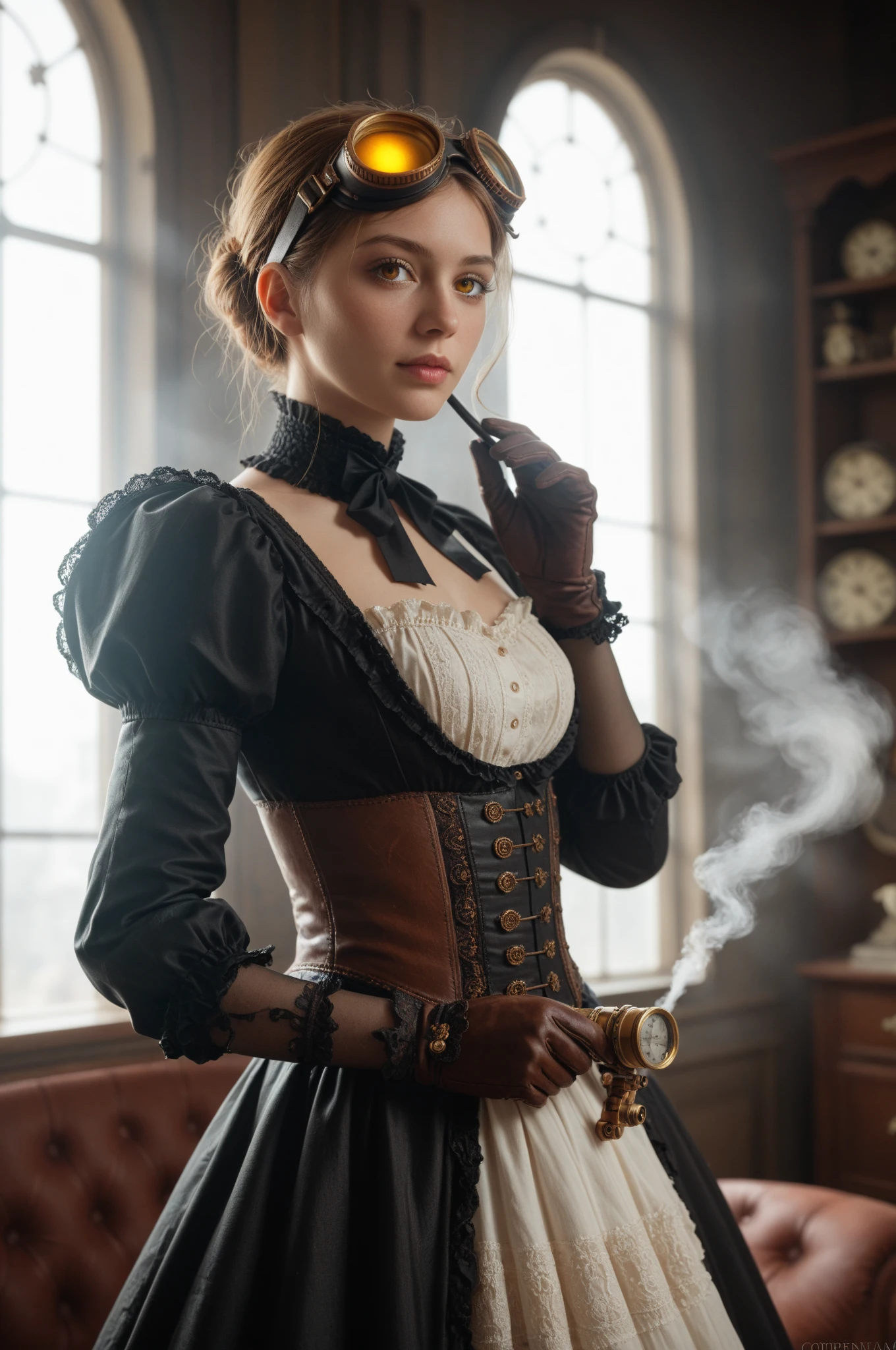 Photo of (( )), wearing elegant dress steampunk items, Contemporary Paris , Complex, elegant, very detailed, digital painting, art station, concept art, Smooth, sharp focus, that.8ation, Artgerm、Greg Rutkowski、Art by Alphonse Mucha