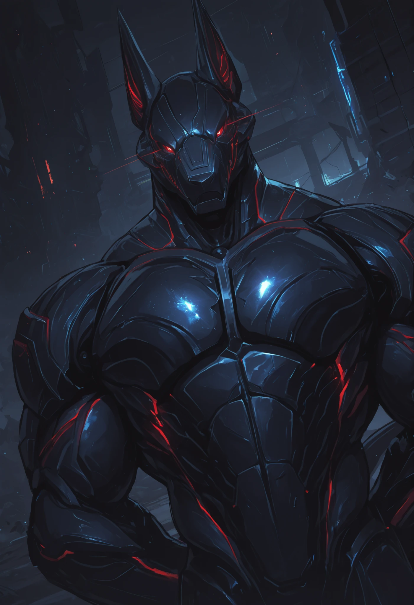 
score_9, score_8_up, score_7_up, score_6_up, score_5_up, score_4_up, gigerworld, anthro jackal, heavy armor under the jacket, bulky, wide chest, monstrous
cybrog, anthro, jackal, male, Muscle, Delicate face, Delicate eyes, 1 big tail, (glowing LED), rubber goo body, evil looking, crimson glowing eyes, black steel scales, black and evil armor, futuristic evil armor, heavy armor, snout-cover armored mask, faceless head, balanced physique, muscle-shaped armor, war machine, muscular physique, thick arms and legs, claws, warframe, cyborg,

hands behind the back, levitating, advanced and stylish design, dutch angle, portrait, upper body focus, minute details, detailed background, newest, debris, ruins, underground laboratory, extremely detailed CG unity 8k wallpaper, realistic, masterpiece, highest quality, realistic, masterpiece, highest quality, lens flare, unreal engine, trending on ArtStation, Intricate, High Detail, dramatic, realism, beautiful and detailed lighting, shadows
