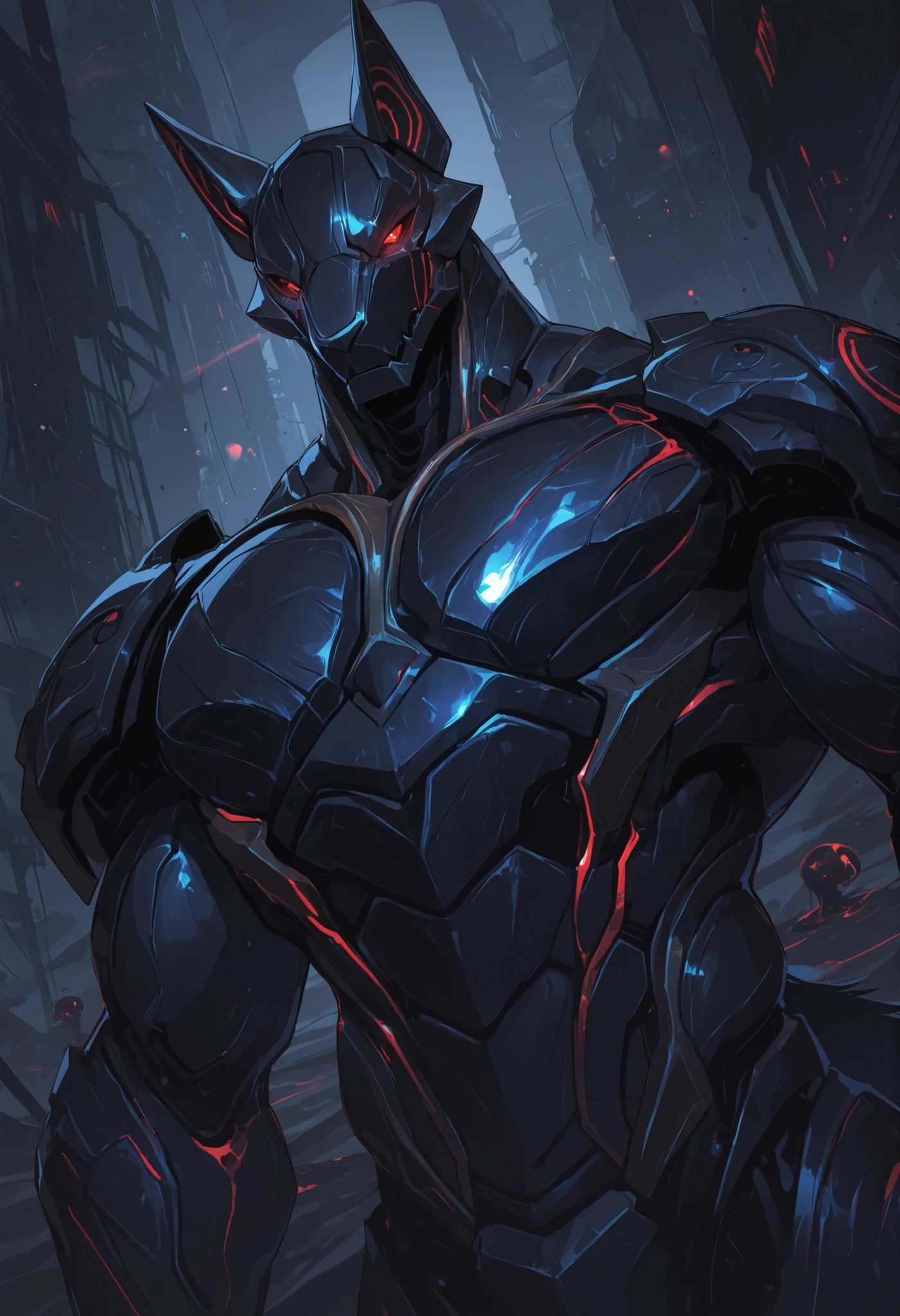 score_9, score_8_up, score_7_up, score_6_up, score_5_up, score_4_up, gigerworld, anthro jackal, heavy armor under the jacket, bulky, wide chest, monstrous
cybrog, anthro, jackal, male, Muscle, Delicate face, Delicate eyes, 1 big tail, (glowing LED), rubber goo body, evil looking, crimson glowing eyes, black steel scales, black and evil armor, futuristic evil armor, heavy armor, snout-cover armored mask, faceless head, balanced physique, muscle-shaped armor, war machine, muscular physique, thick arms and legs, claws, warframe, cyborg,
hands behind the back, levitating, advanced and stylish design, dutch angle, portrait, upper body focus, minute details, detailed background, newest, debris, ruins, underground laboratory, extremely detailed CG unity 8k wallpaper, realistic, masterpiece, highest quality, realistic, masterpiece, highest quality, lens flare, unreal engine, trending on ArtStation, Intricate, High Detail, dramatic, realism, beautiful and detailed lighting, shadows