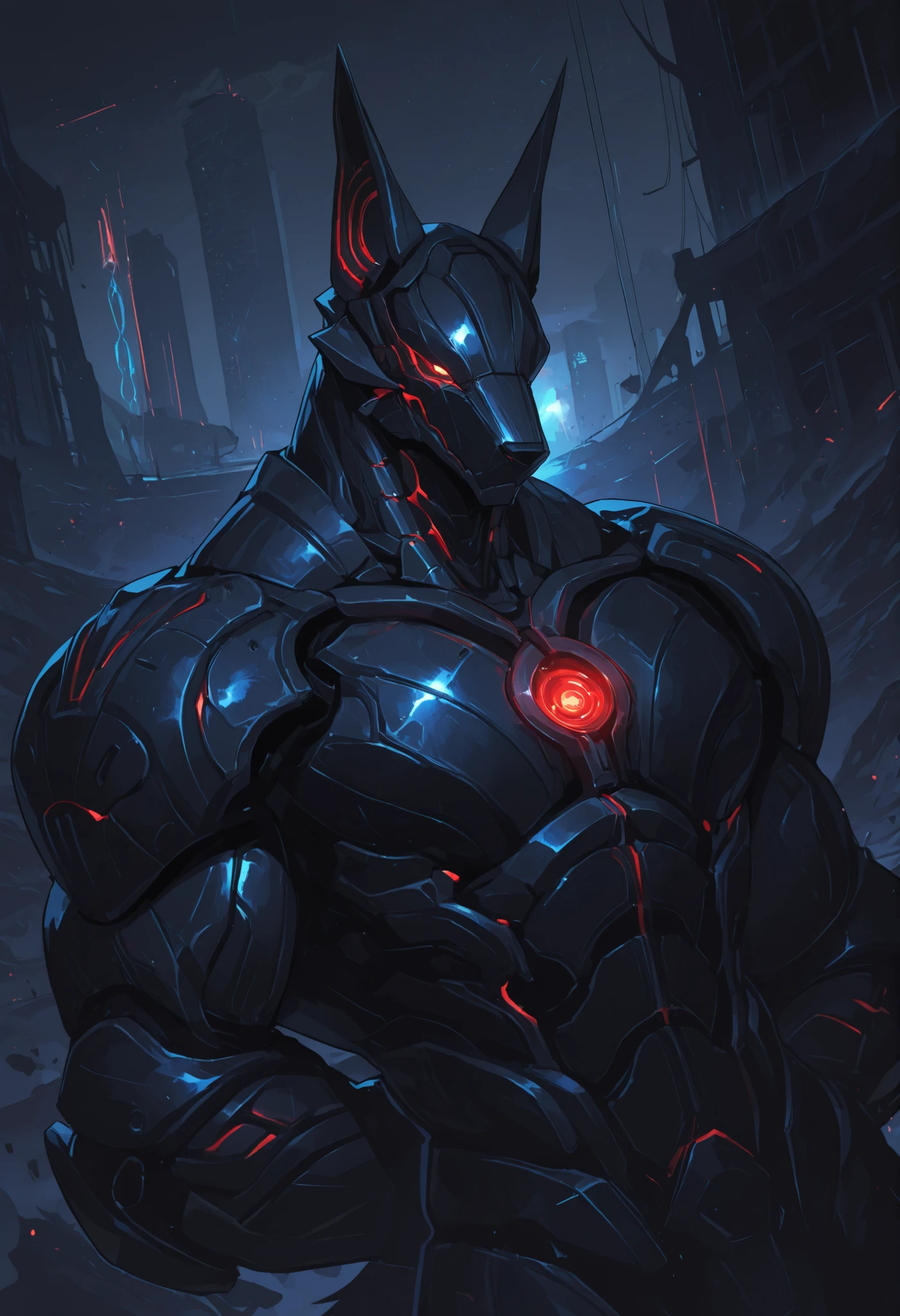 score_9, score_8_up, score_7_up, score_6_up, score_5_up, score_4_up, gigerworld, anthro jackal, heavy armor under the jacket, bulky, wide chest, monstrous
cybrog, anthro, jackal, male, Muscle, Delicate face, Delicate eyes, 1 big tail, (glowing LED), rubber goo body, evil looking, crimson glowing eyes, black steel scales, black and evil armor, futuristic evil armor, heavy armor, snout-cover armored mask, faceless head, balanced physique, muscle-shaped armor, war machine, muscular physique, thick arms and legs, claws, warframe, cyborg,
hands behind the back, levitating, advanced and stylish design, dutch angle, portrait, upper body focus, minute details, detailed background, newest, debris, ruins, underground laboratory, extremely detailed CG unity 8k wallpaper, realistic, masterpiece, highest quality, realistic, masterpiece, highest quality, lens flare, unreal engine, trending on ArtStation, Intricate, High Detail, dramatic, realism, beautiful and detailed lighting, shadows
