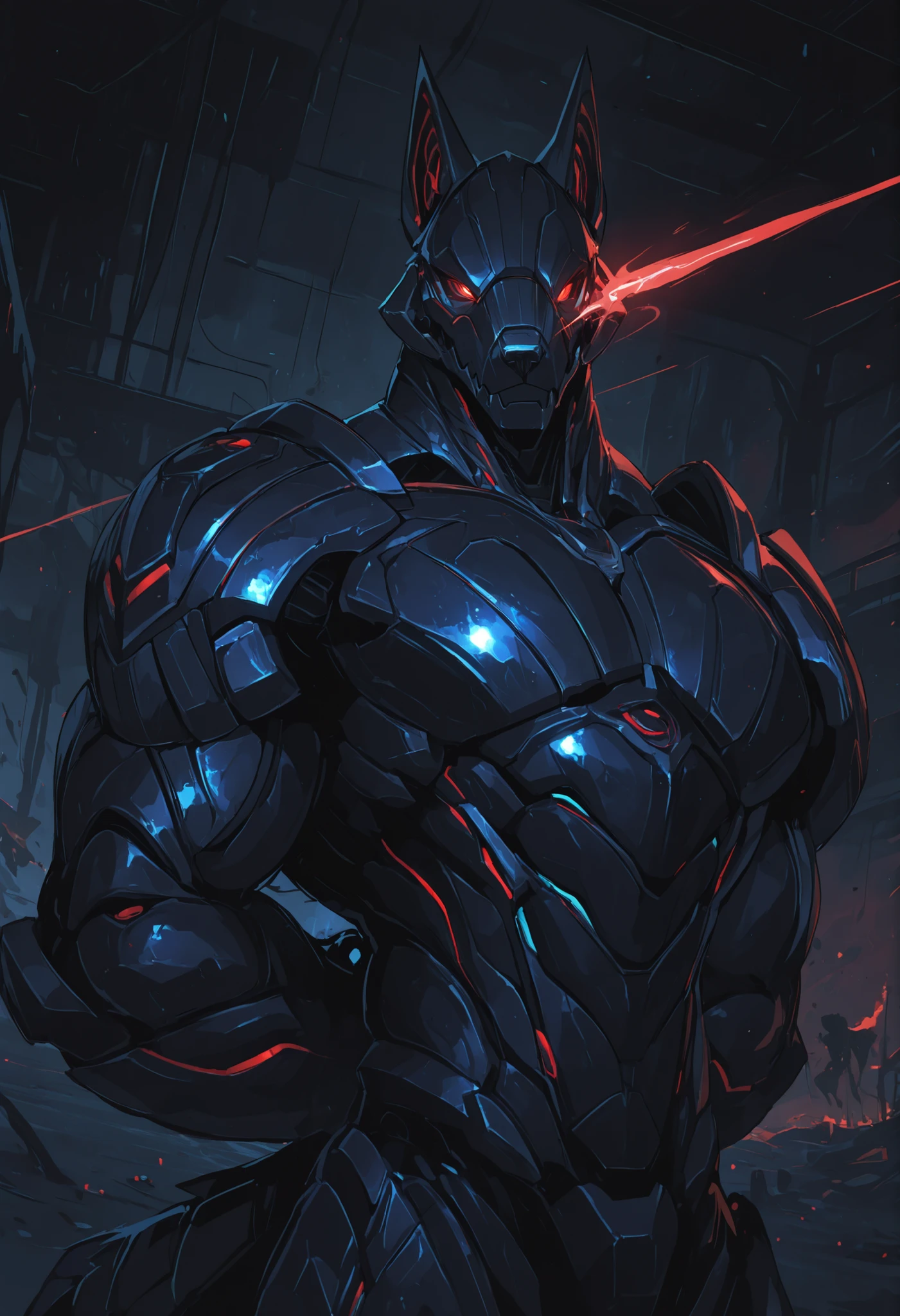 score_9, score_8_up, score_7_up, score_6_up, score_5_up, score_4_up, gigerworld, anthro jackal, heavy armor under the jacket, bulky, wide chest, monstrous
cybrog, anthro, jackal, male, Muscle, Delicate face, Delicate eyes, 1 big tail, (glowing LED), rubber goo body, evil looking, crimson glowing eyes, black steel scales, black and evil armor, futuristic evil armor, heavy armor, snout-cover armored mask, faceless head, balanced physique, muscle-shaped armor, war machine, muscular physique, thick arms and legs, claws, warframe, cyborg,
hands behind the back, levitating, advanced and stylish design, dutch angle, portrait, upper body focus, minute details, detailed background, newest, debris, ruins, underground laboratory, extremely detailed CG unity 8k wallpaper, realistic, masterpiece, highest quality, realistic, masterpiece, highest quality, lens flare, unreal engine, trending on ArtStation, Intricate, High Detail, dramatic, realism, beautiful and detailed lighting, shadows