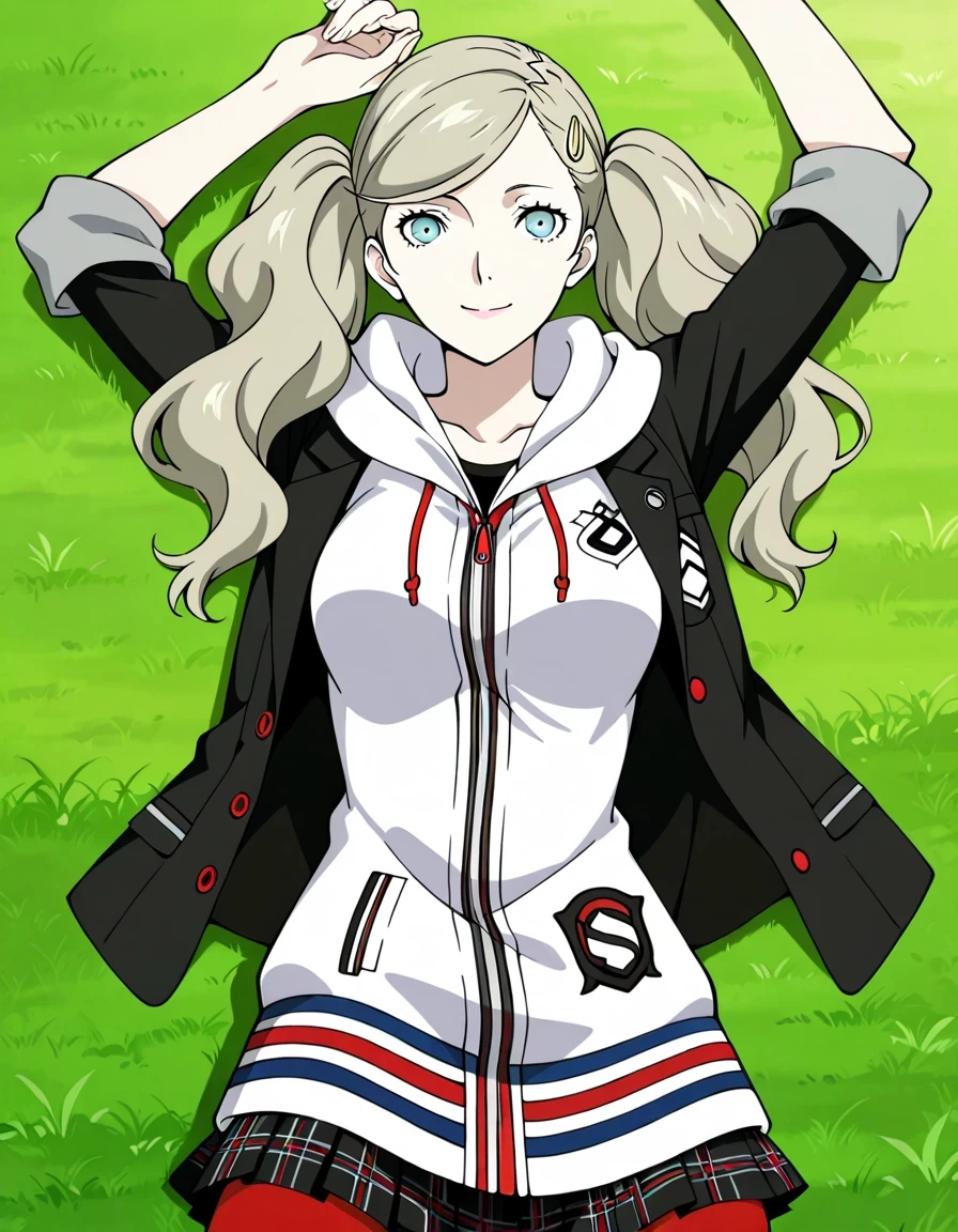 p5ann, takamaki anne, blonde hair, long hair, twintails, swept bangs, hair clip, p5ann-winuni, blazer, black blazer, school emblem, layered clothes, jacket, open jacket, hood, pantyhose, red pantyhose, miniskirt, plaid skirt, hoodie, hood, hood down, shuujin academy school uniform, sleeves rolled up , anime screencap , high quality , solo , lying , on back , arms up , legs apart , closed mouth , grass , medium shot , looking at viewer , overhead view , smile , best quality ,