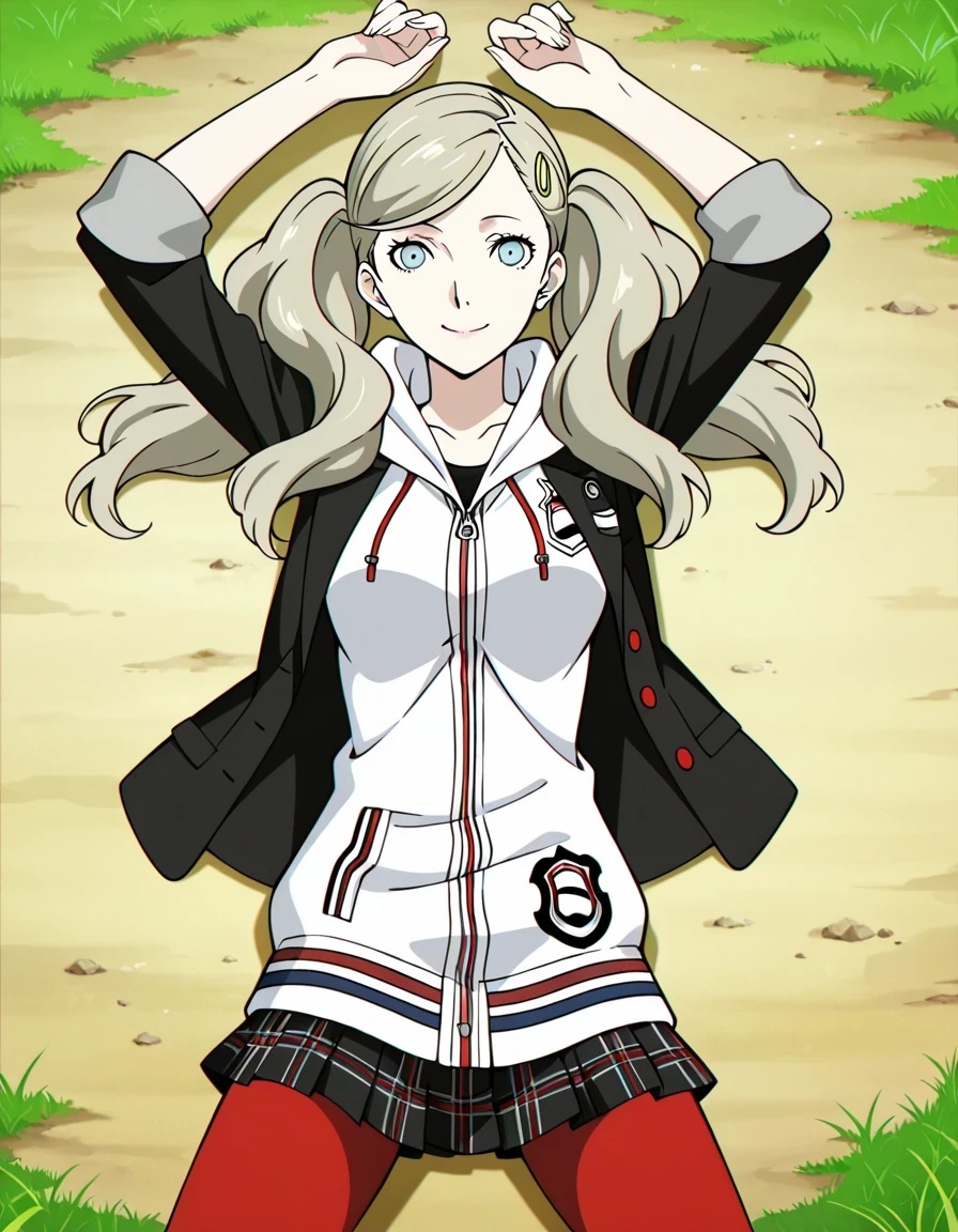 p5ann, takamaki anne, blonde hair, long hair, twintails, swept bangs, hair clip, p5ann-winuni, blazer, black blazer, school emblem, layered clothes, jacket, open jacket, hood, pantyhose, red pantyhose, miniskirt, plaid skirt, hoodie, hood, hood down, shuujin academy school uniform, sleeves rolled up , anime screencap , high quality , solo , lying , on back , arms up , legs apart , closed mouth , grass , medium shot , looking at viewer , overhead view , smile , best quality ,