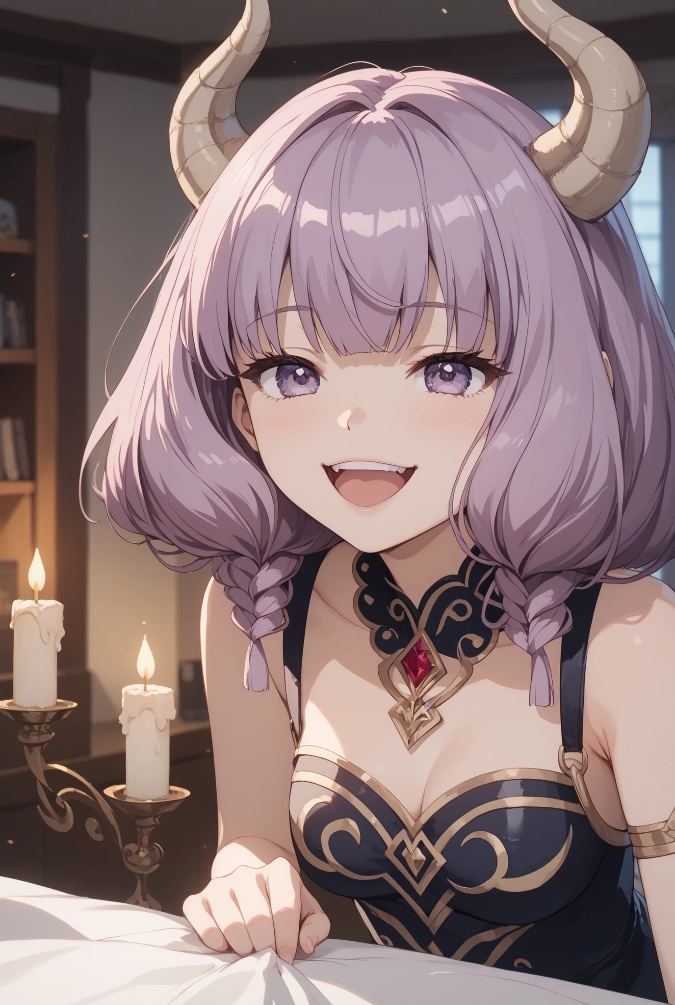 masterpiece,Super Detailed,beautiful faces,And high-precision,cute devil girl,(One woman in between stores),sitting on the devil's dim bedroom bed,has a devil candle holder behind the bed、Candlelight,external, Expression of victory ,sitting on the devil's dim bedroom bed少し赤い下着,light reddish purple hair,Thin hanging eye shape,Light Purple Eyes,voluminous bob hair,(Close Her Mouth and Laugh:1.2),I have a balance in my right hand,
very cute,doing a devil's ceremony,My cheeks are blurry and red, cowboy shot,