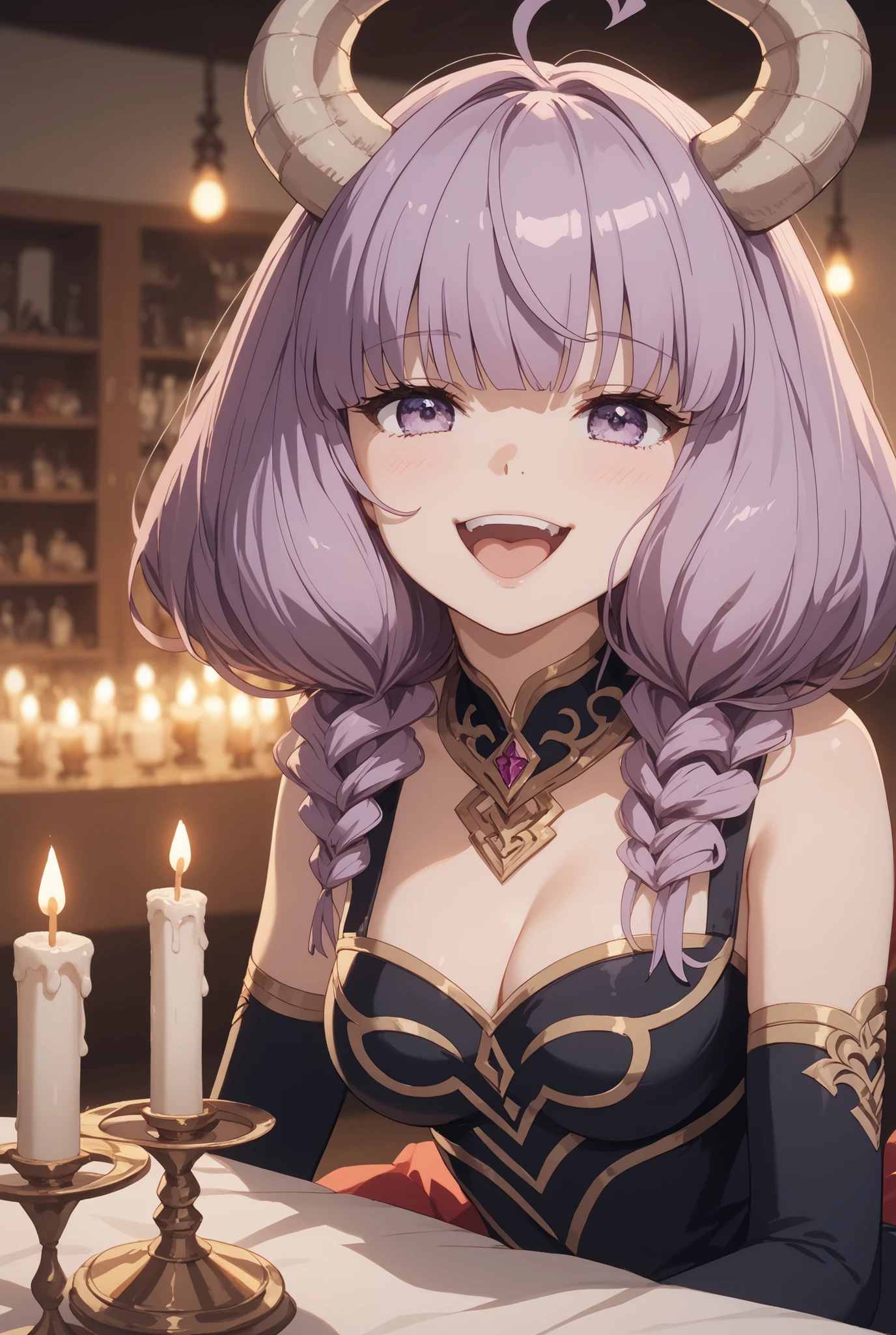masterpiece,Super Detailed,beautiful faces,And high-precision,cute devil girl,(One woman in between stores),sitting on the devil's dim bedroom bed,has a devil candle holder behind the bed、Candlelight,external, Expression of victory ,sitting on the devil's dim bedroom bed少し赤い下着,light reddish purple hair,Thin hanging eye shape,Light Purple Eyes,voluminous bob hair,(Close Her Mouth and Laugh:1.2),I have a balance in my right hand,
very cute,doing a devil's ceremony,My cheeks are blurry and red, cowboy shot,