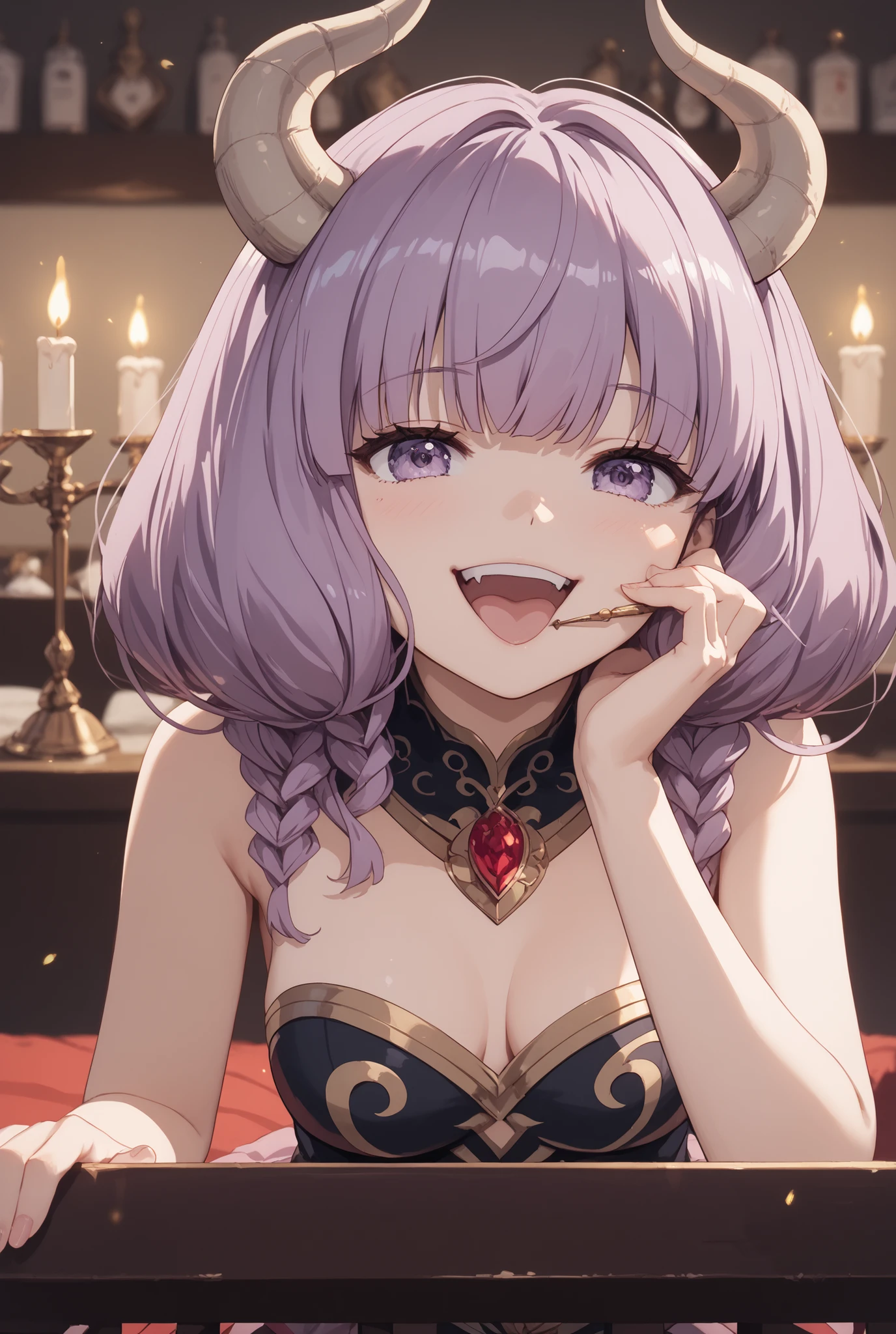 masterpiece,Super Detailed,beautiful faces,And high-precision,cute devil girl,(One woman in between stores),sitting on the devil's dim bedroom bed,has a devil candle holder behind the bed、Candlelight,external, Expression of victory ,sitting on the devil's dim bedroom bed少し赤い下着,light reddish purple hair,Thin hanging eye shape,Light Purple Eyes,voluminous bob hair,(Close Her Mouth and Laugh:1.2),I have a balance in my right hand,
very cute,doing a devil's ceremony,My cheeks are blurry and red, cowboy shot,