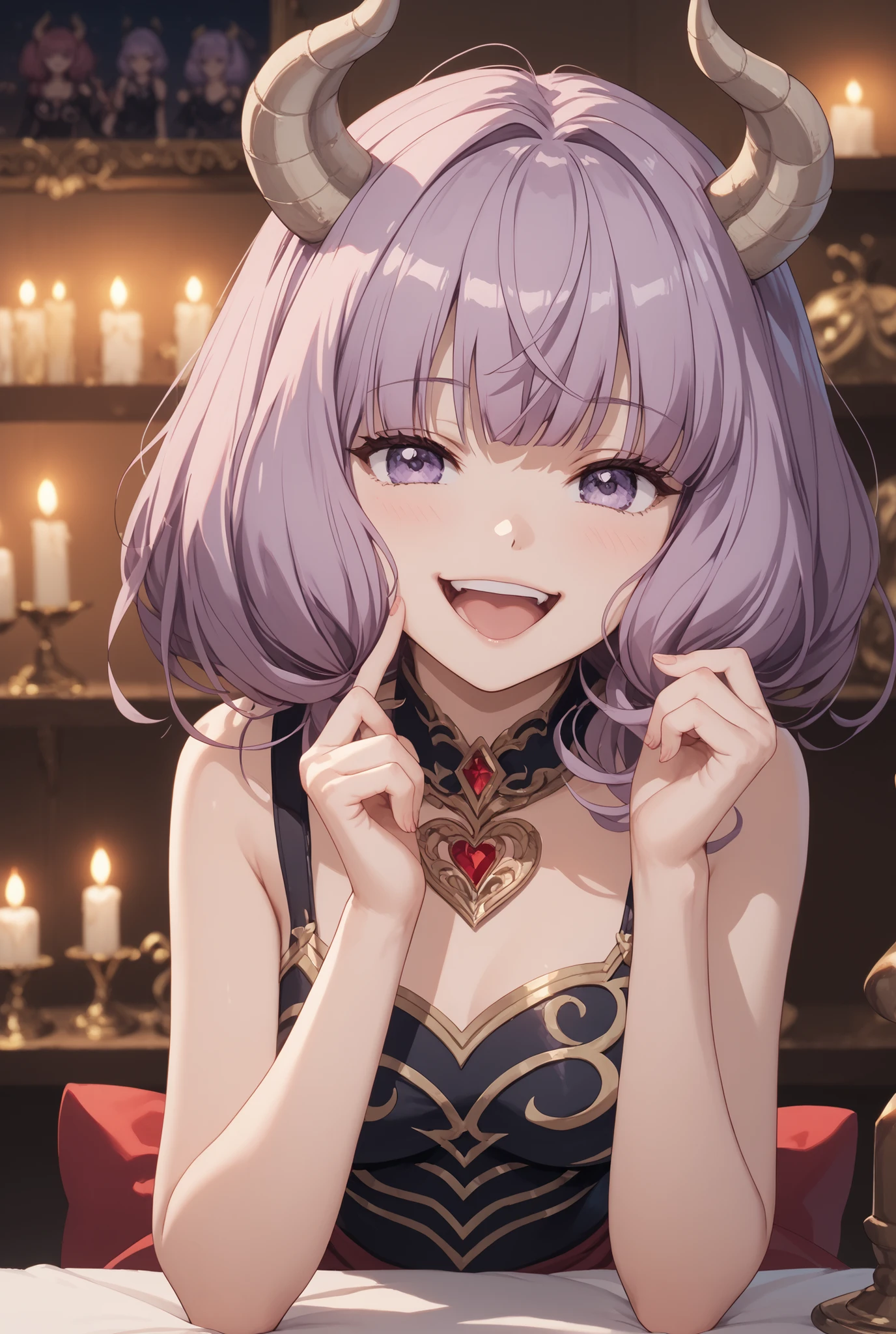 masterpiece,Super Detailed,beautiful faces,And high-precision,cute devil girl,(One woman in between stores),sitting on the devil's dim bedroom bed,has a devil candle holder behind the bed、Candlelight,external, Expression of victory ,sitting on the devil's dim bedroom bed少し赤い下着,light reddish purple hair,Thin hanging eye shape,Light Purple Eyes,voluminous bob hair,(Close Her Mouth and Laugh:1.2),I have a balance in my right hand,
very cute,doing a devil's ceremony,My cheeks are blurry and red, cowboy shot,