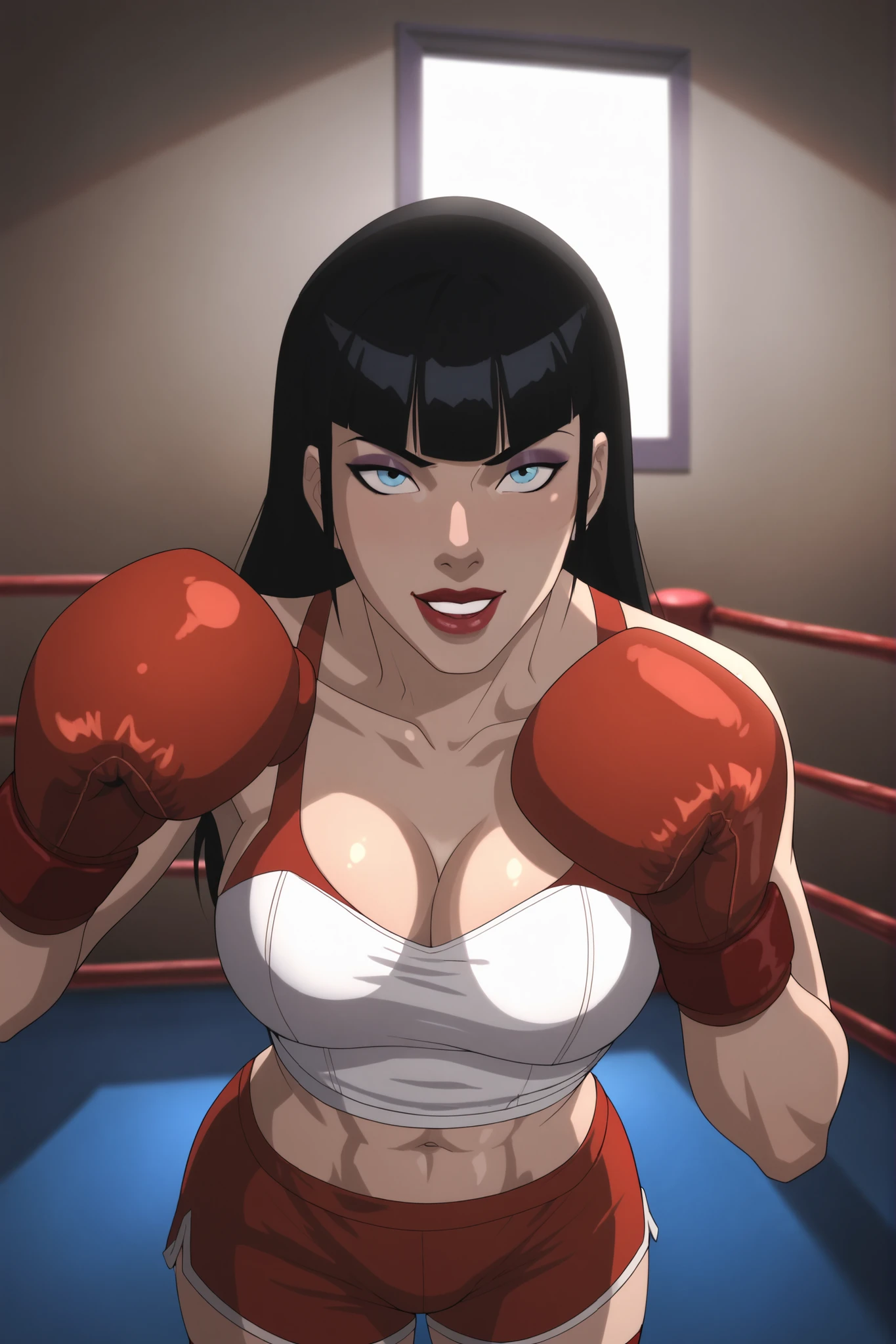 BREAK, score_8_up, score_7_up, score_6_up, score_9, zatannadark, 1girl, solo, black hair, long hair, very , blue eyes, cleavage, blunt bangs, curvy, athletic, lipstick, makeup, looking at viewer, seducing viewer, teasing viewer, smiling, closed mouth,  expression, bedroom eyes, busty, scarlet red sports bra, scarlet red boxing shorts, scarlet red boxing gloves, standing, boxing ring, indoors, leaning forward, dark purple eyeshadow, closeup, portrait, upper body, thick thighs, wide , midriff,  shoulders 