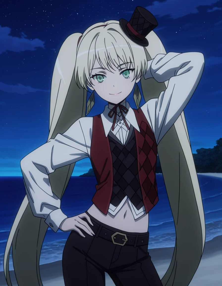 ladylee tangleroad, long hair, blonde hair, twintails, green eyes, anime screencap, hat, navel, jewelry, earrings, vest, mini hat, top hat, belt, shirt, long sleeves, ribbon, white shirt, collared shirt, pants, neck ribbon, checkered clothes, high quality, closed mouth, solo, cowboy shot, night sky, beach, hand behind head, hand on hip, ((contrapposto)), smile, looking at viewer, best quality