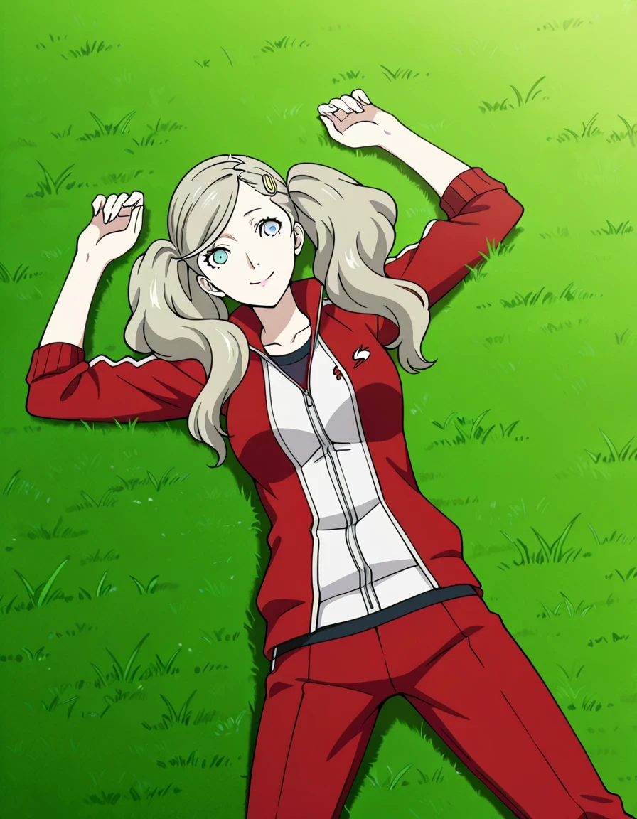 p5ann, takamaki anne, blonde hair, long hair, twintails, swept bangs, hair clip,p5ann-track, track suit, track jacket, red jacket, open jacket, sleeves rolled up, track pants, red pants, pants rolled up, anime screencap, high quality, solo, lying, on back, arms up, legs apart , closed mouth, grass, medium shot, looking at viewer, overhead view, smile, best quality,