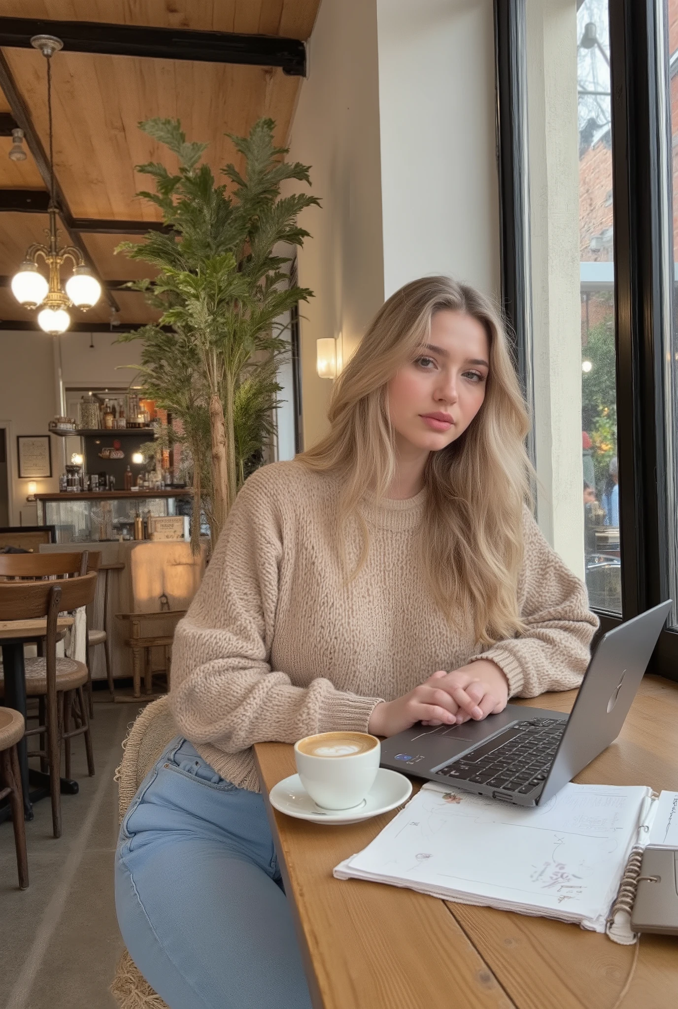 instagram personality, internet personality, lips, ultra realistic photo of a stylish young woman, slim with natural curves, long blonde hair, wearing a soft beige sweater and light blue jeans, sitting at a wooden table in Café Central Vienna. She has a cappuccino next to her laptop, sketchbook open, warm natural light through tall windows, cozy artistic vibe. 4k, cinematic lighting, shallow depth of field, detailed textures.