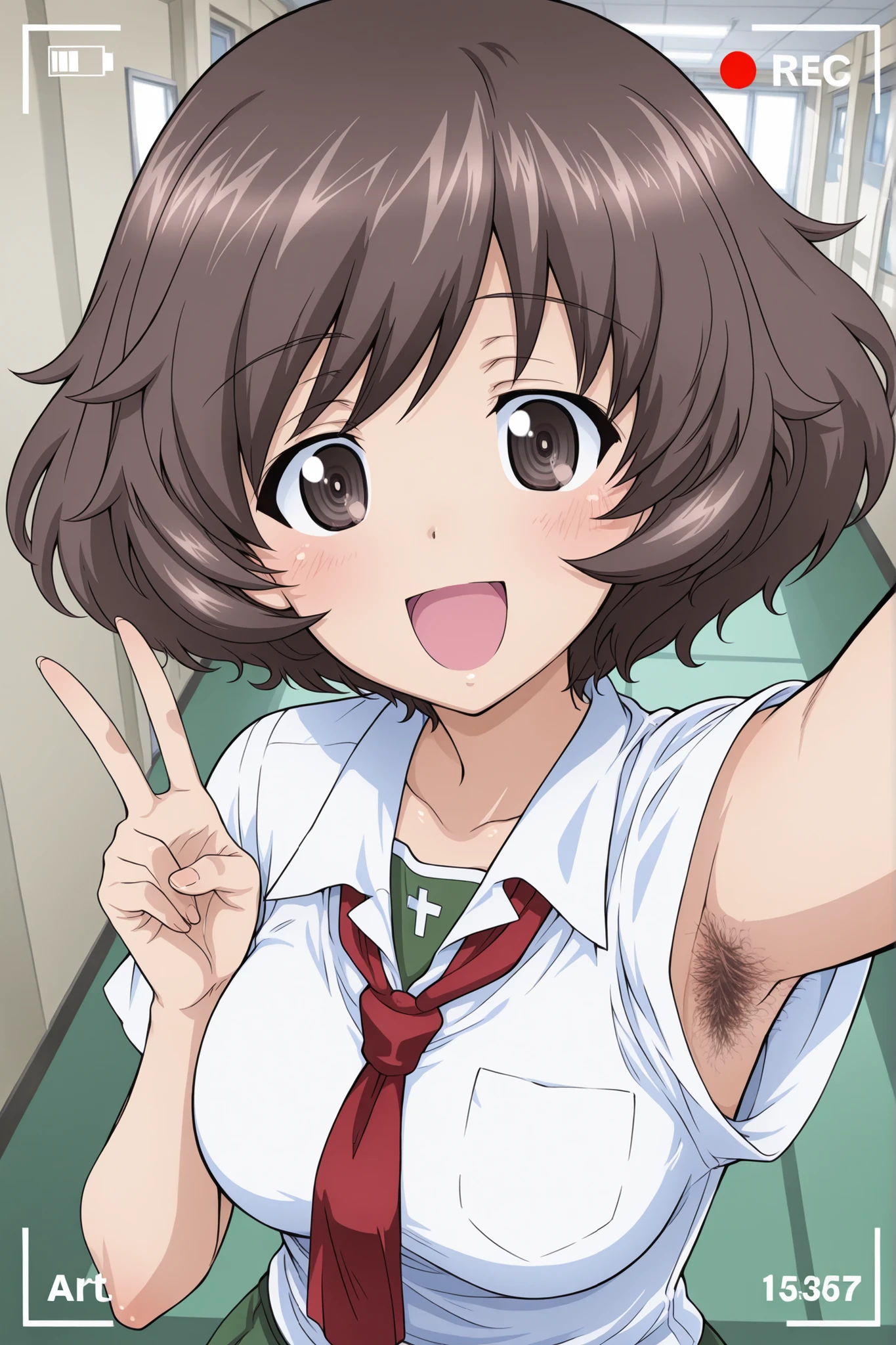1girl, Character, Girls_und_Panzer, Yukari Akiyama, happy, Saunders school uniform, selfie, viewfinder display, School hallway, Girls_und_Panzer art style(armpit hair :1.0)